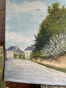 French Scene: Vintage Oil on Board in Pointillism style