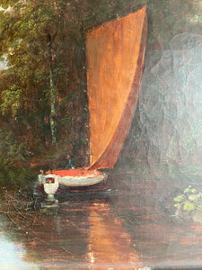 19th Century Oil on Canvas “Rural Landscape with Sailing Boat"