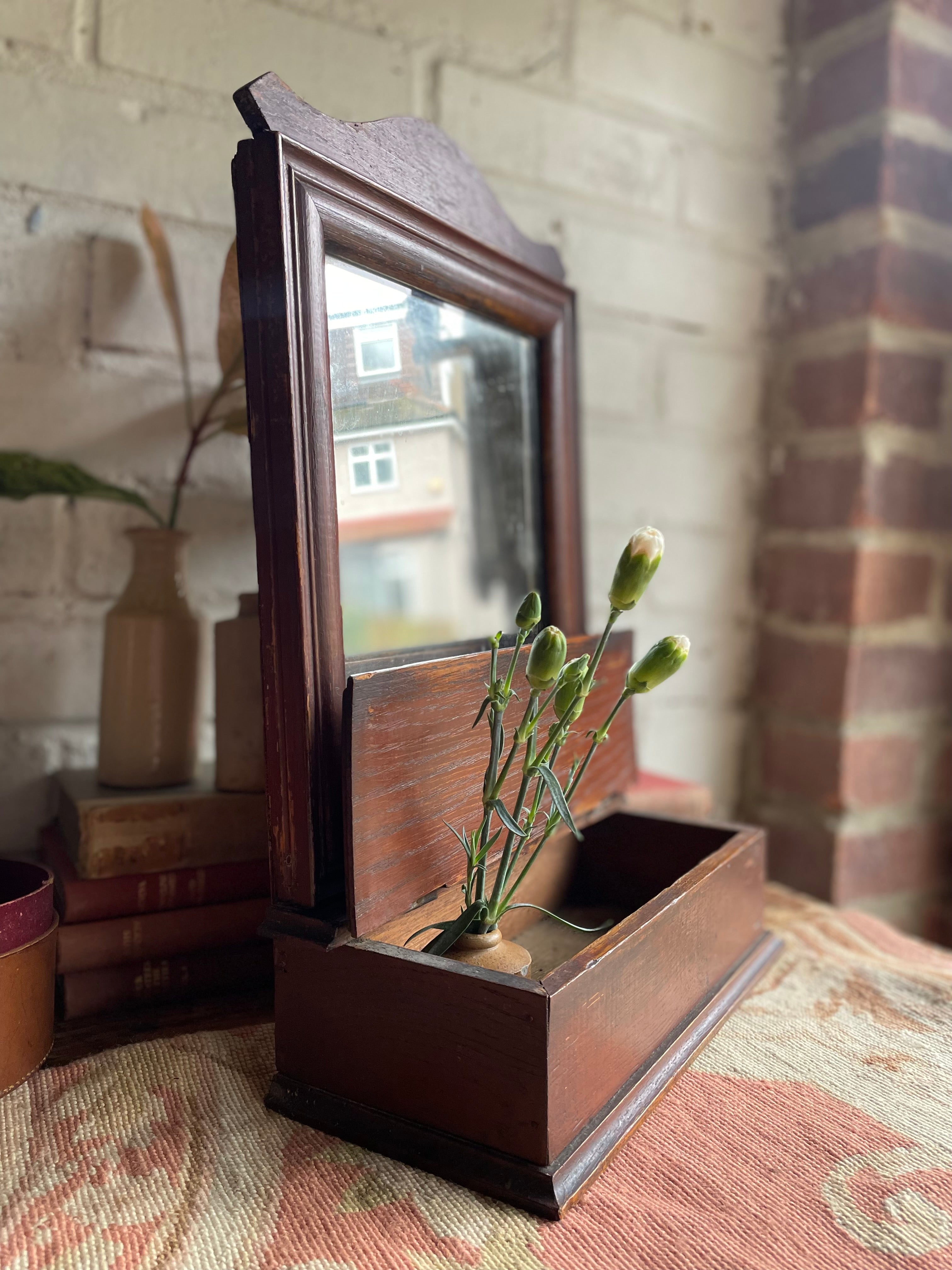 Early 1900s Oak Wall Mirror with Storage Compartment