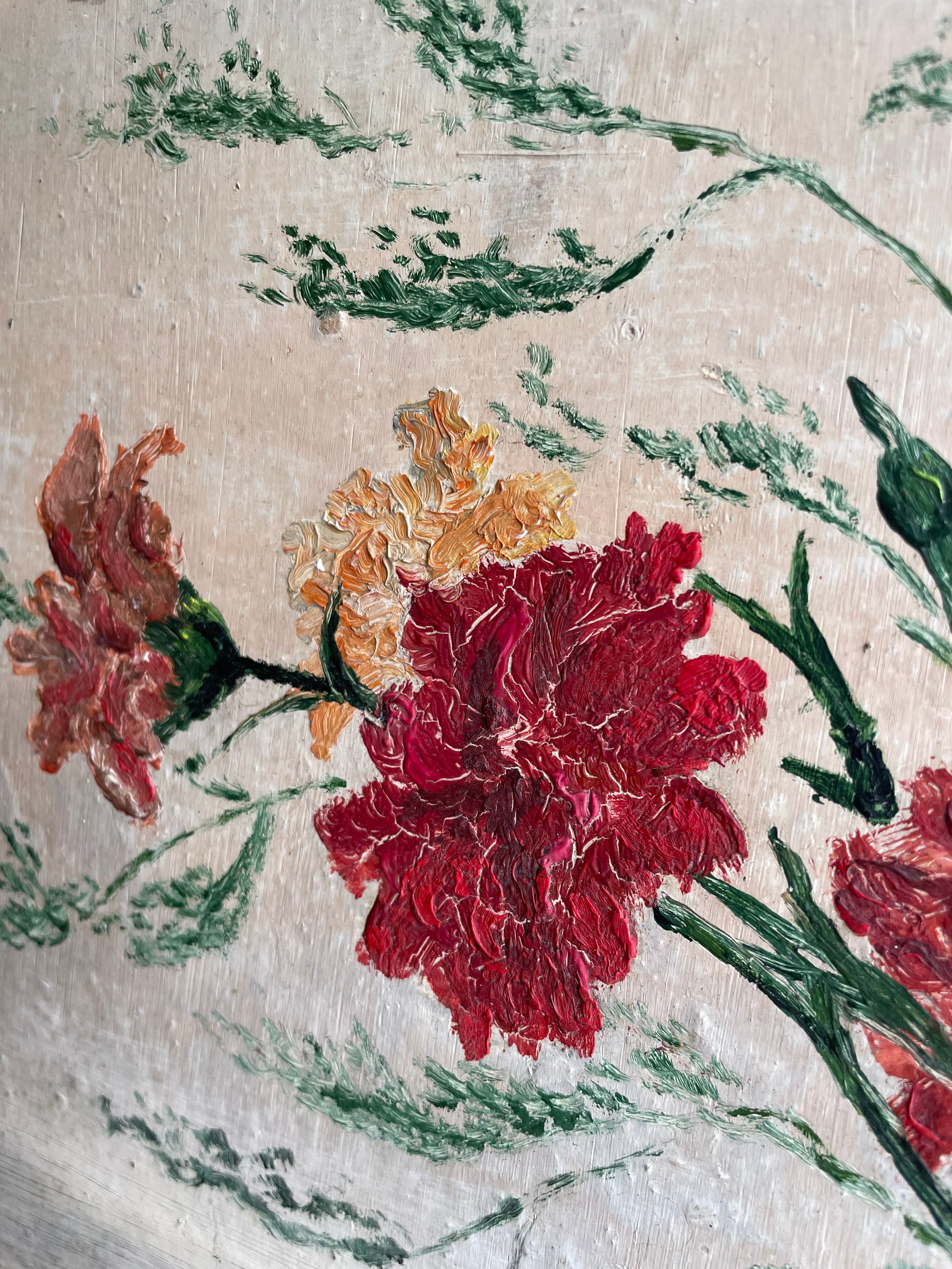Red Dahlias: Vintage Oil on Wood Panel