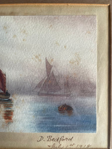 Small Watercolour of Thames Barge Traditional Sale Boats, signed and dated 1918