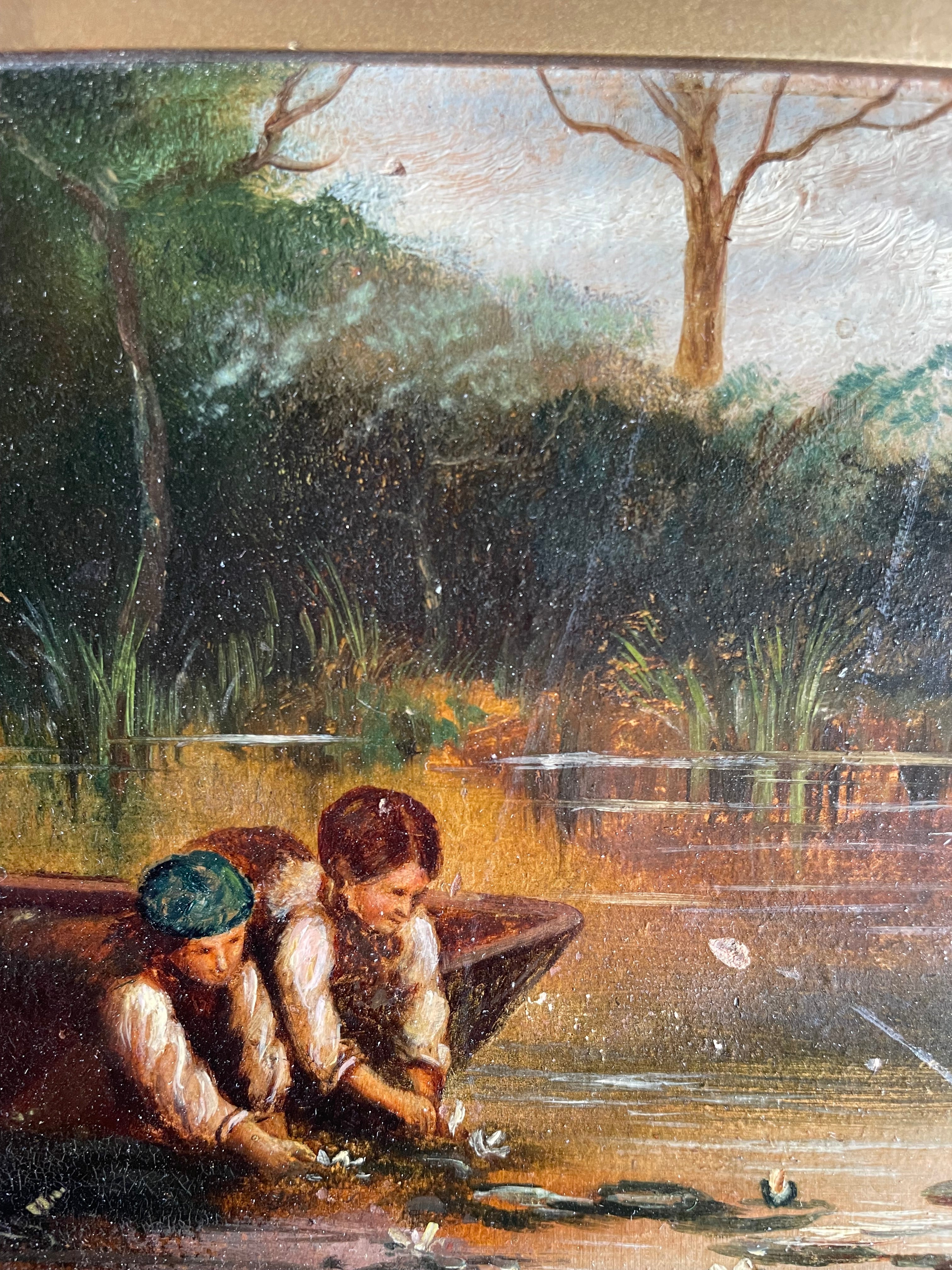Small 19th Century Signed Oil on Board “Children at the Pond”