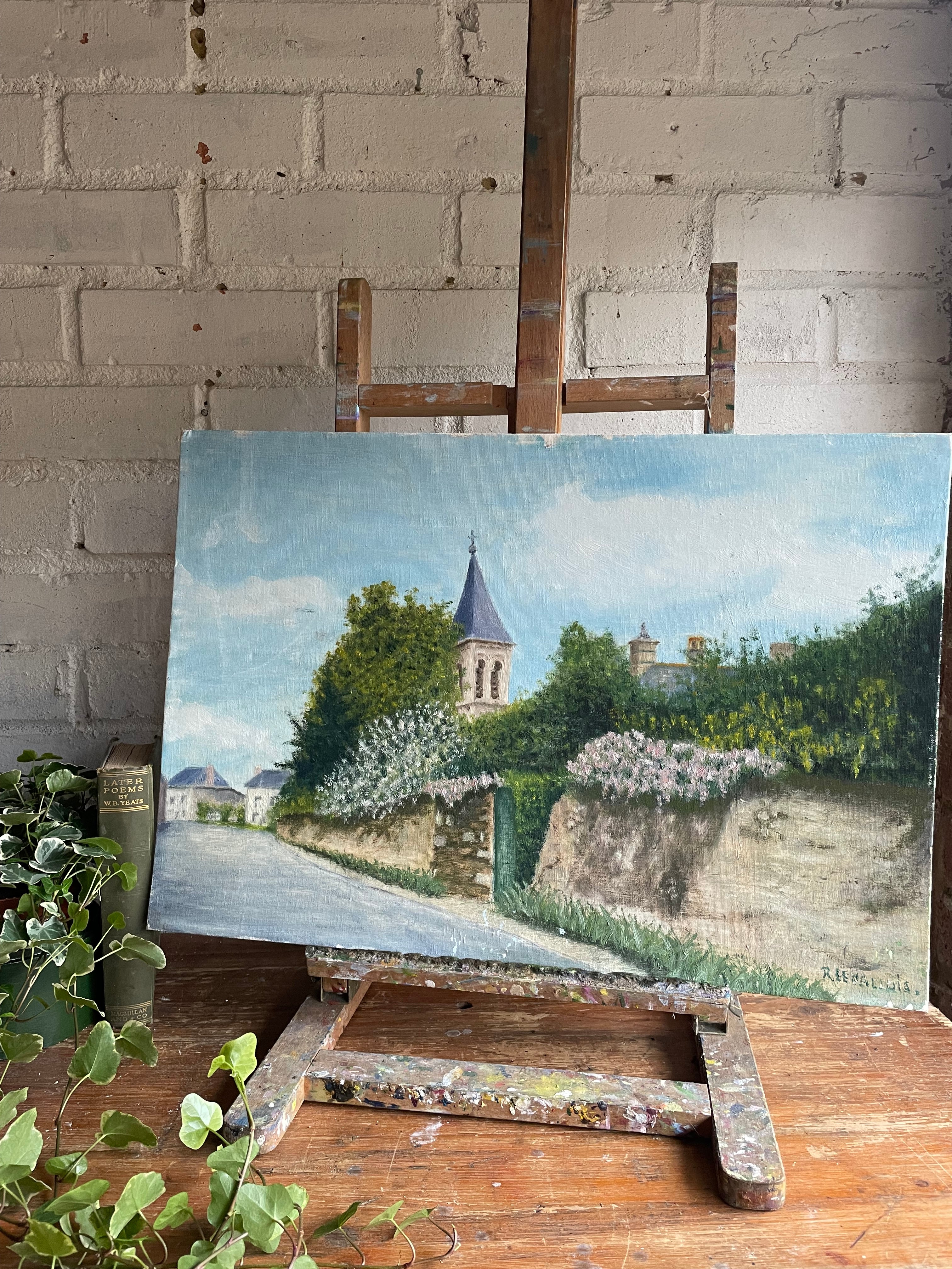 French Scene: Vintage Oil on Board in Pointillism style