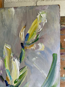 Irises: Vintage Oil on Wood Board