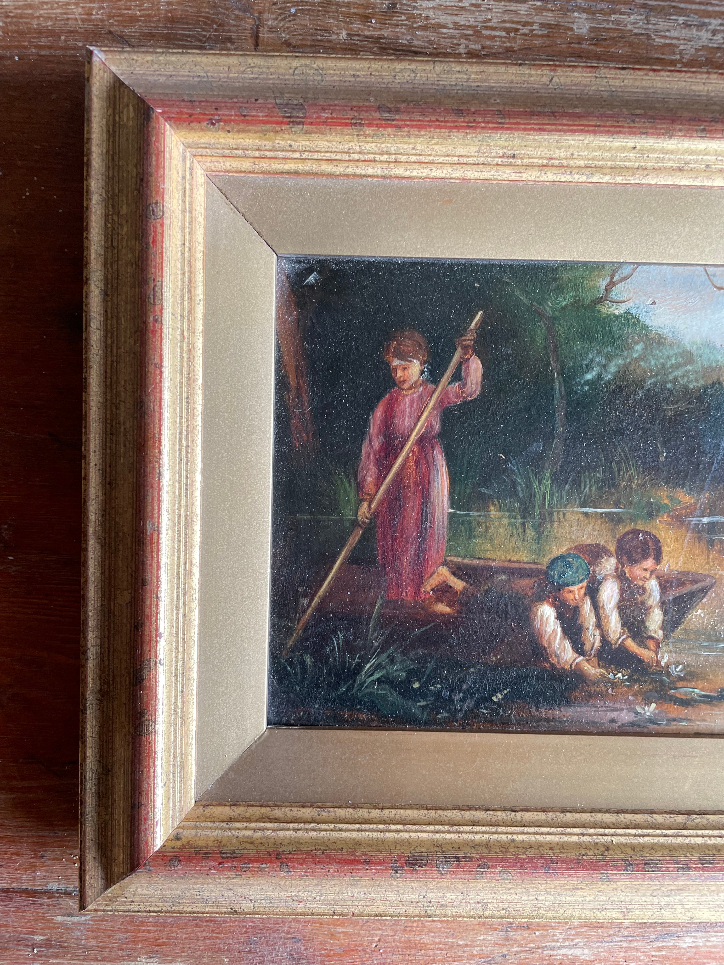 Small 19th Century Signed Oil on Board “Children at the Pond”