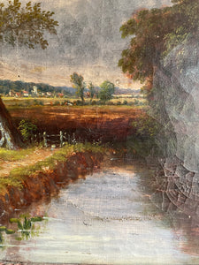 19th Century Oil on Canvas “Rural Landscape with Sailing Boat"