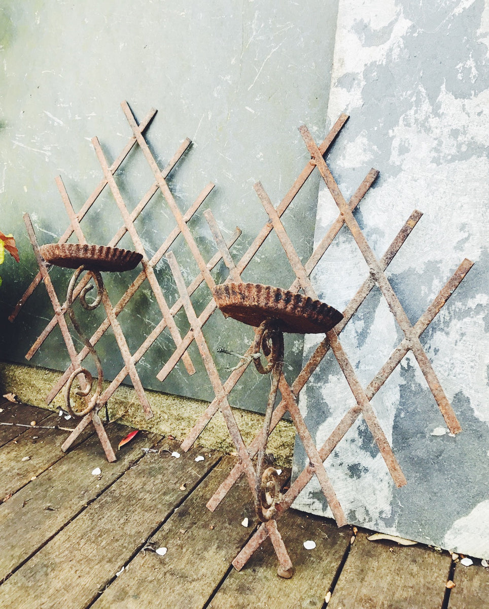 Pair of Trellised Metal Garden Candle Holders Reclectic