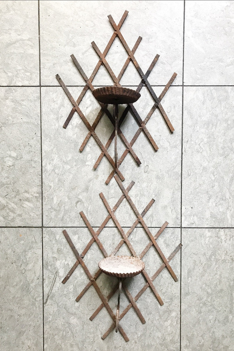 Pair of Trellised Metal Garden Candle Holders Reclectic