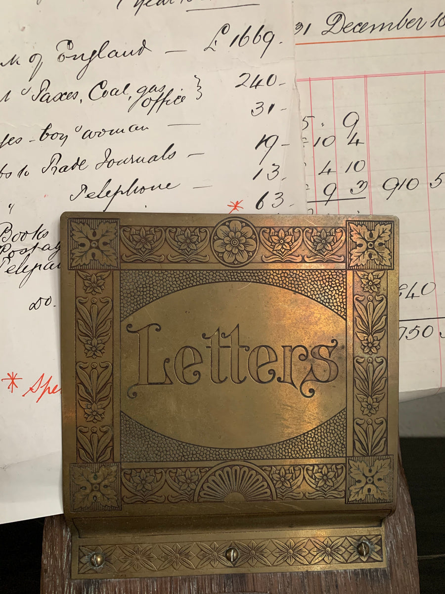 Antique Oak and Brass Wall Hanging Letter Rack Reclectic