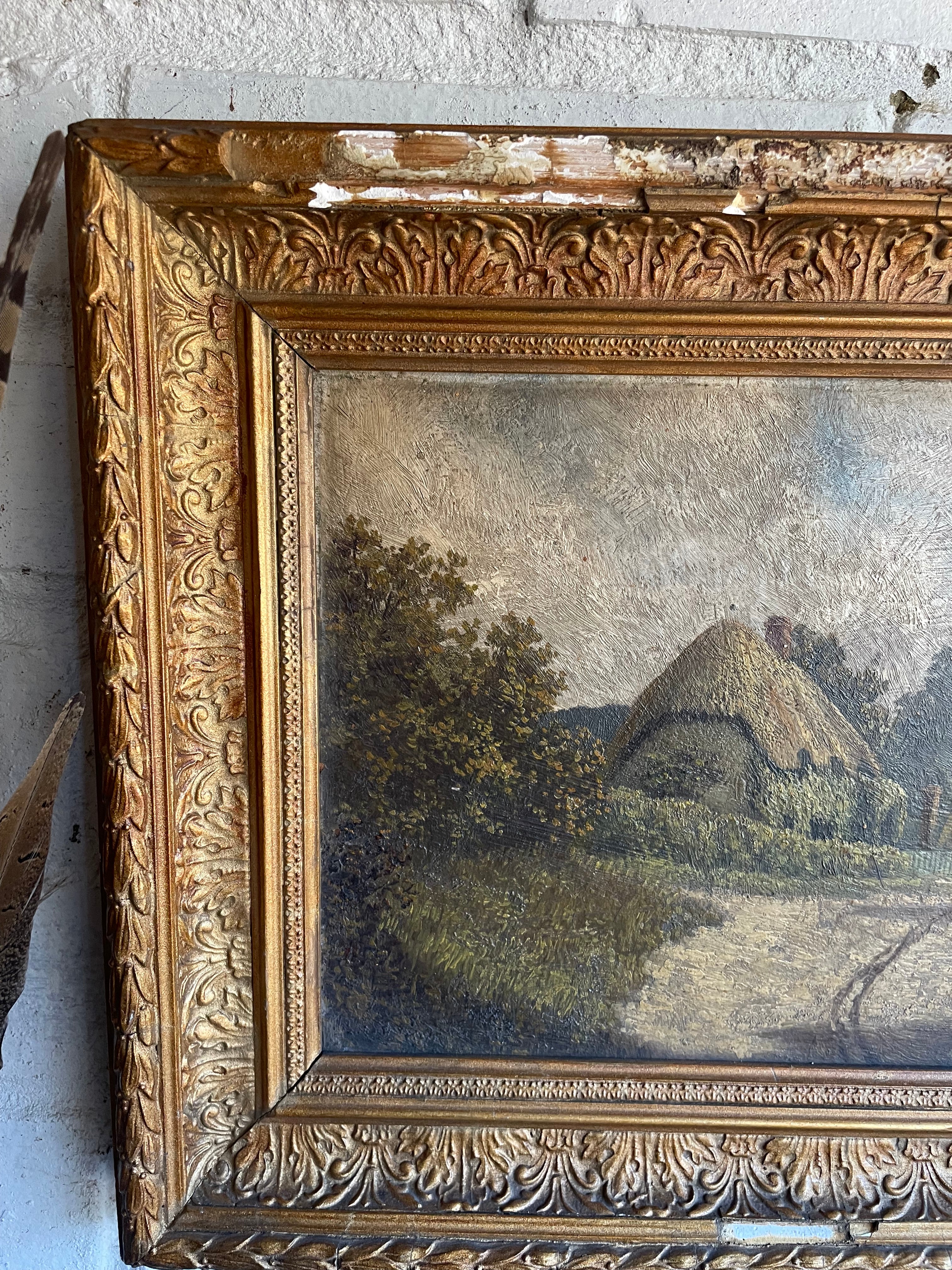 Thatched Cottages: 19th Century Oil on Board