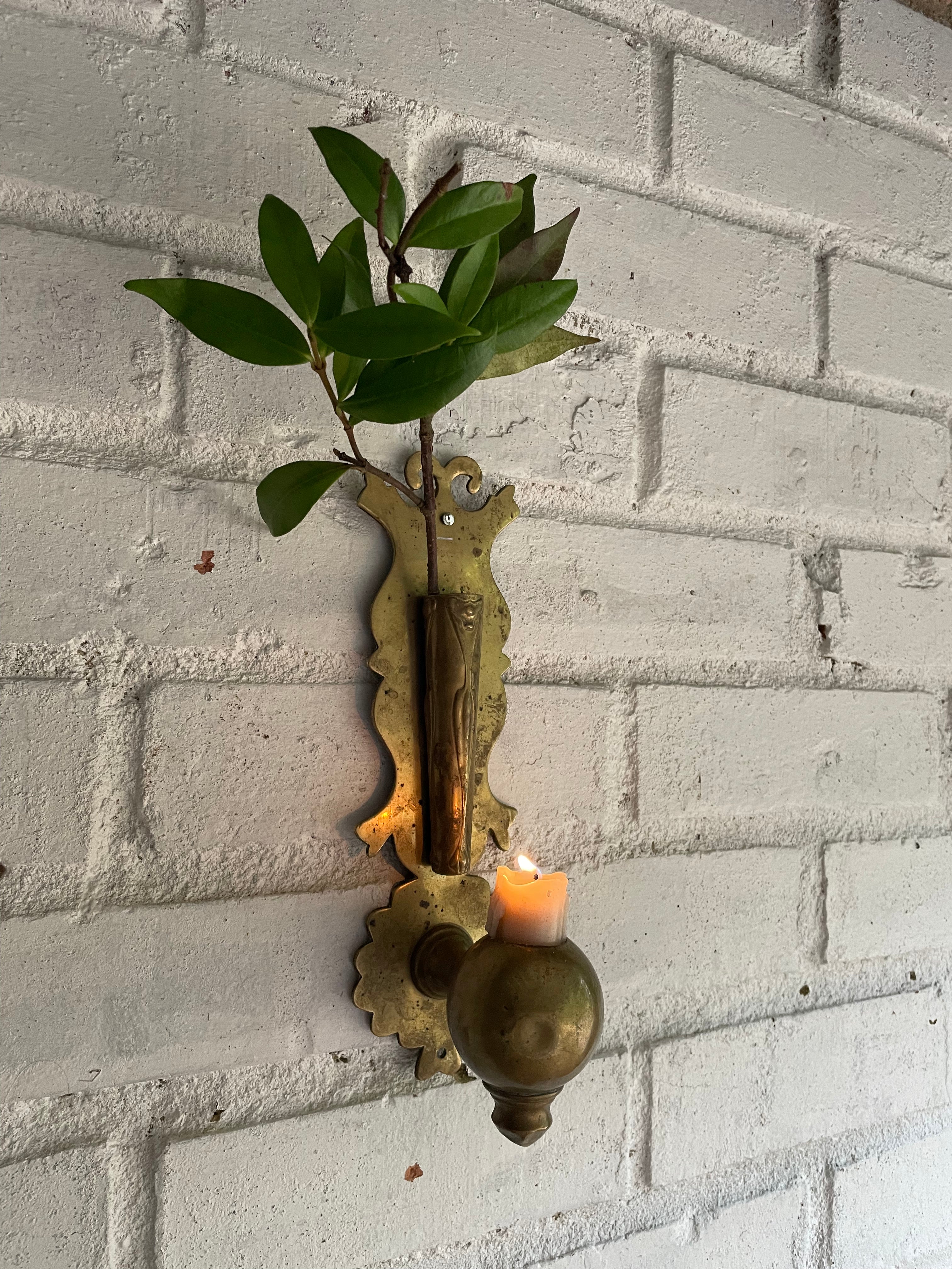 19th Century Brass Wall Hung Candleholder with Flower Posy