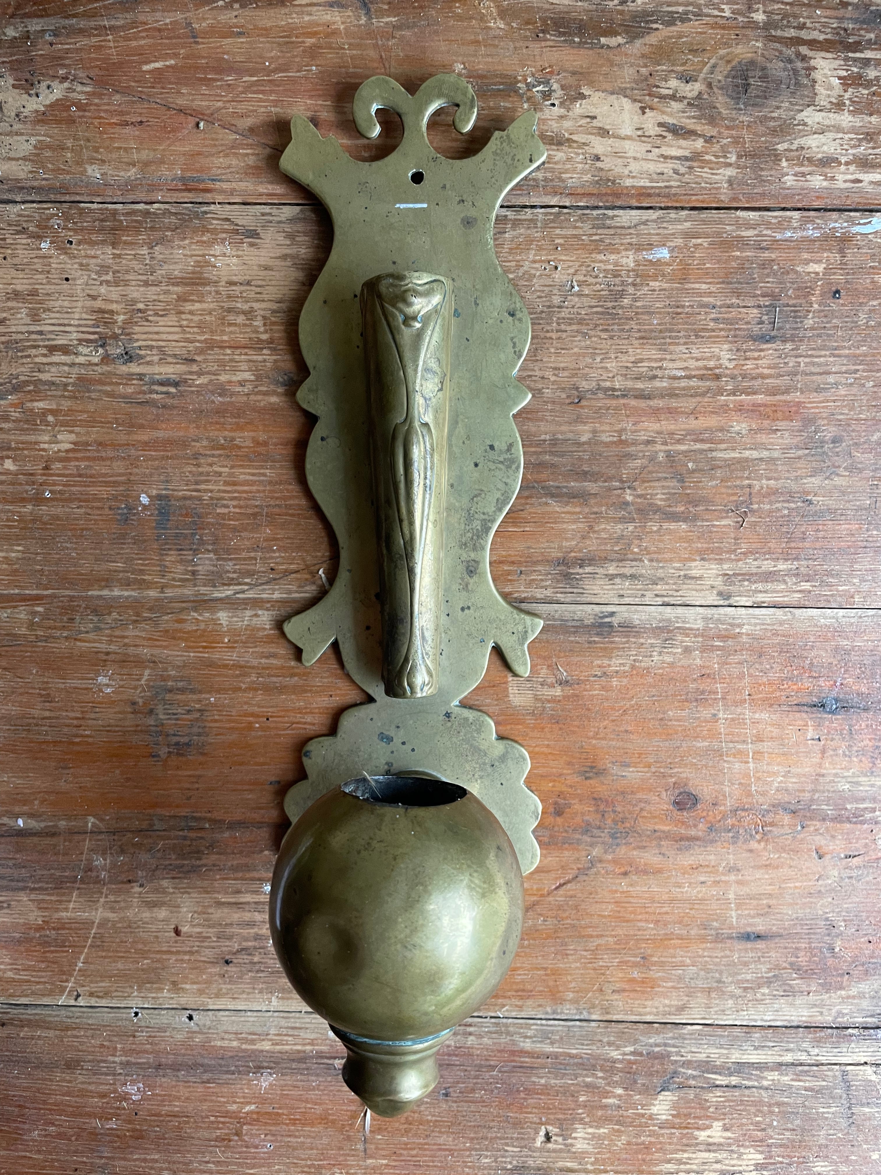19th Century Brass Wall Hung Candleholder with Flower Posy