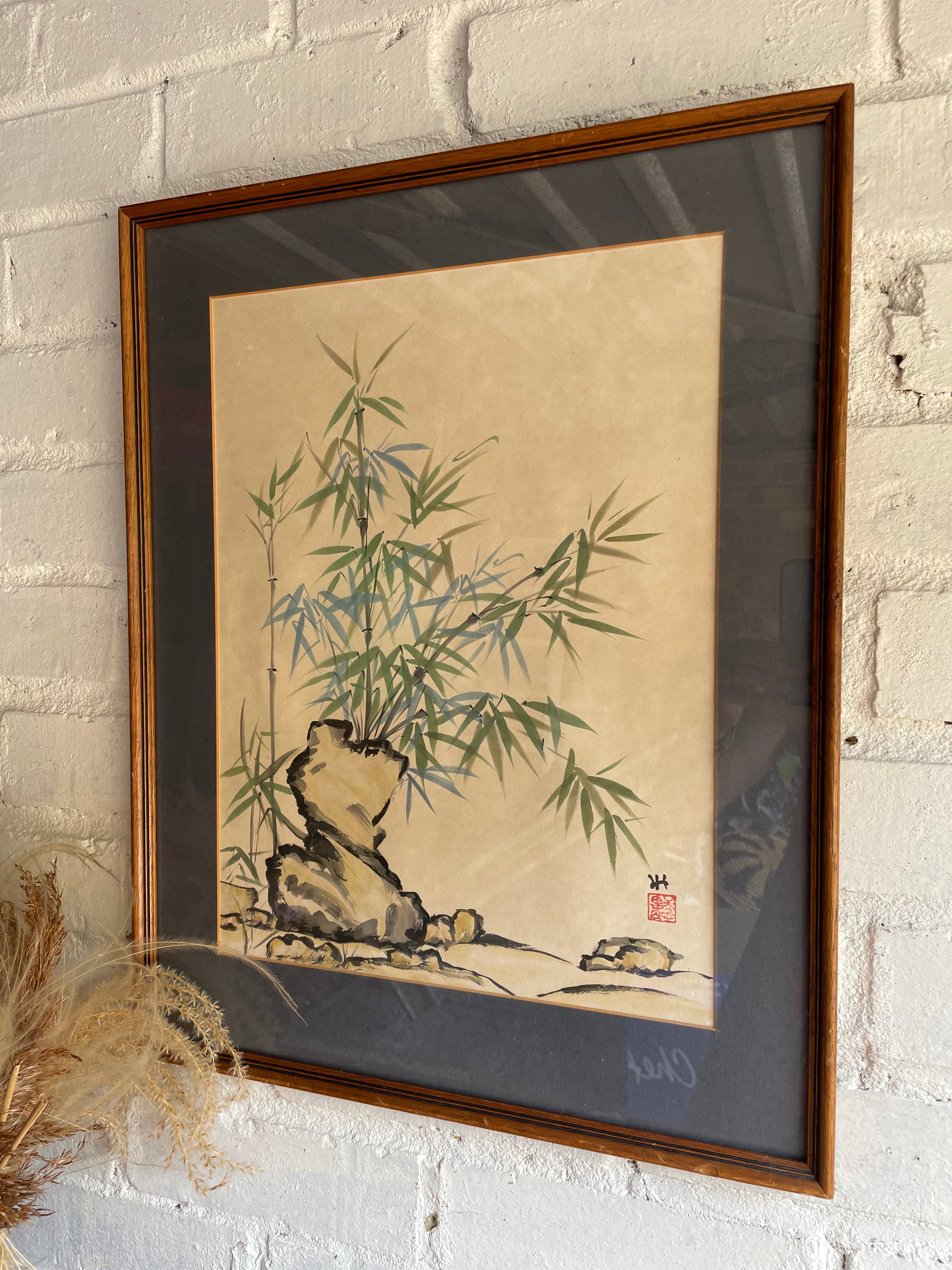 Japanese Watercolour on Textured Paper with Blue Mount