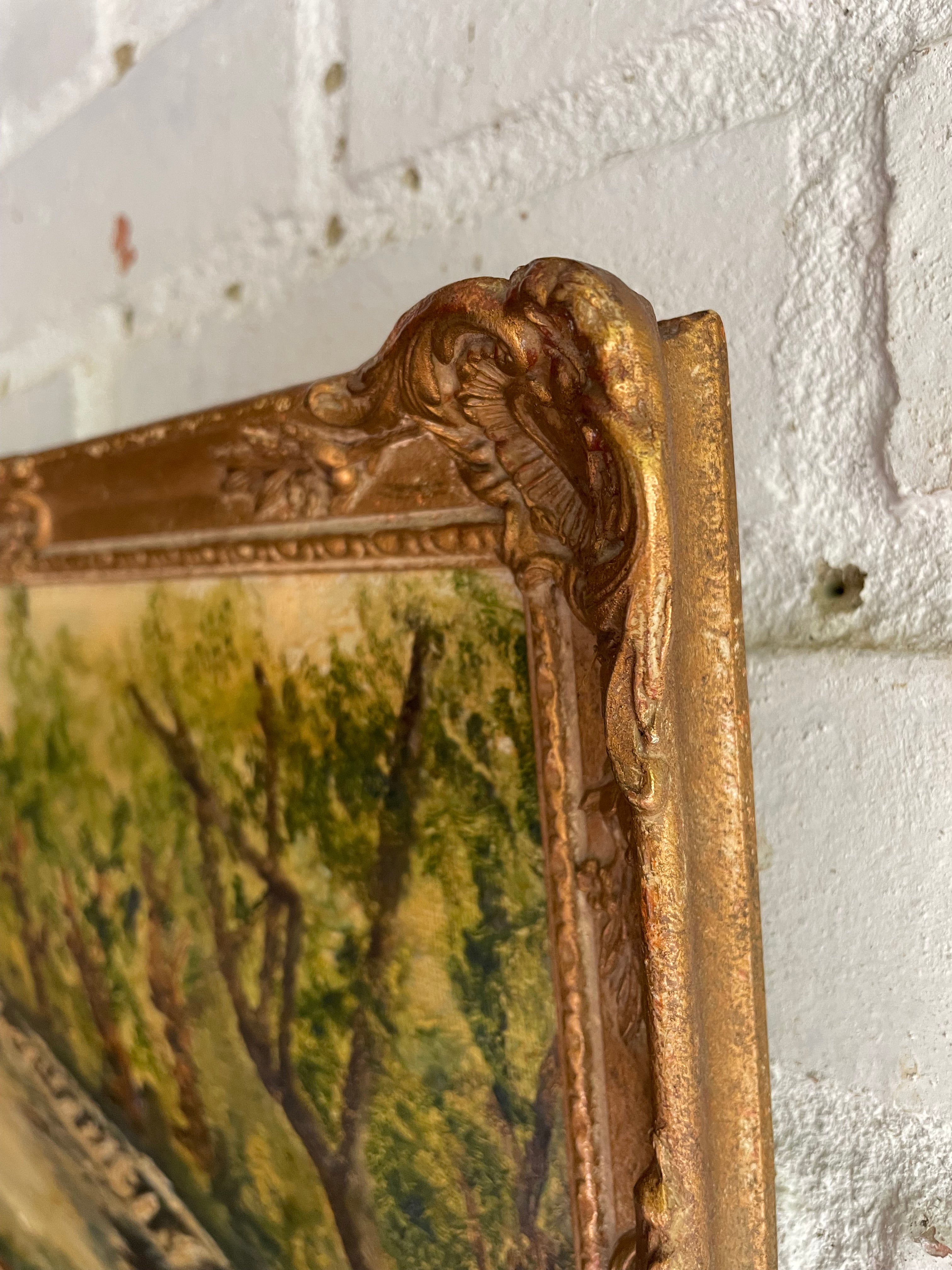 Steps to the River: Mid-20th Century Oil on Board with Gilt Frame