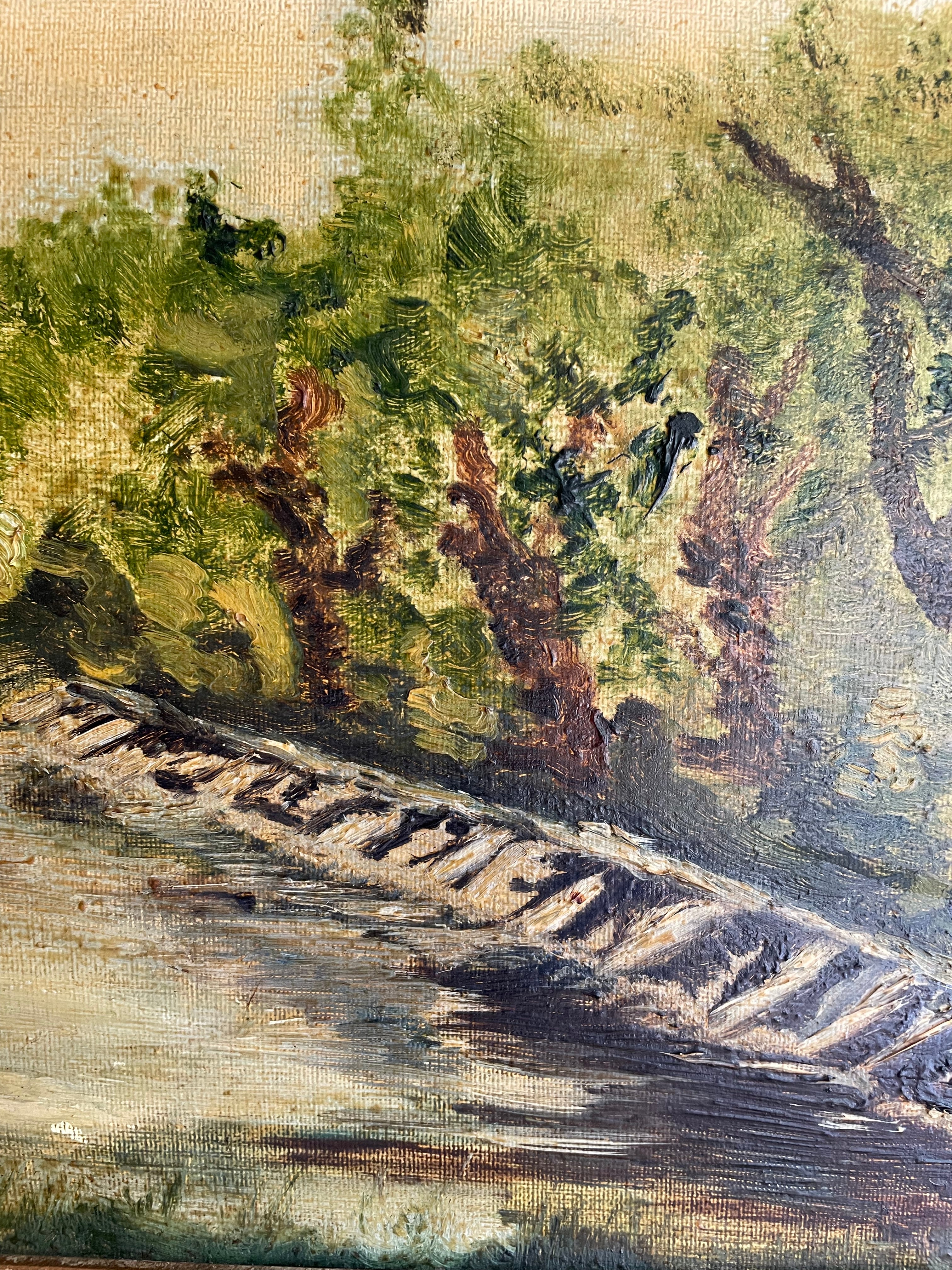 Steps to the River: Mid-20th Century Oil on Board with Gilt Frame