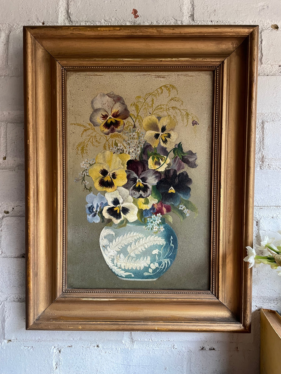 Floral Still Life of Pansies: Antique Oil on Board – Reclectic