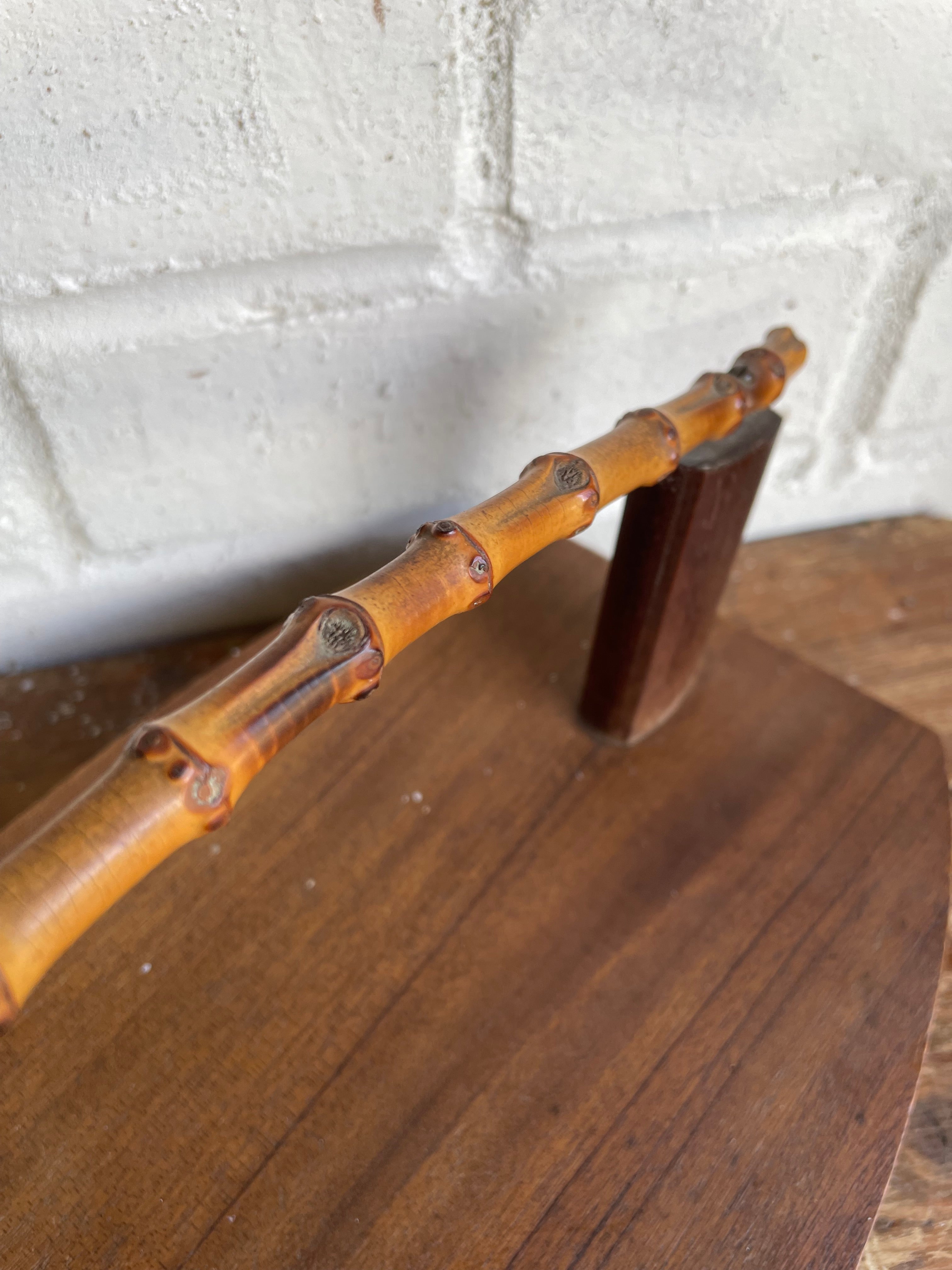 Midcentury wooden platter with bamboo handle