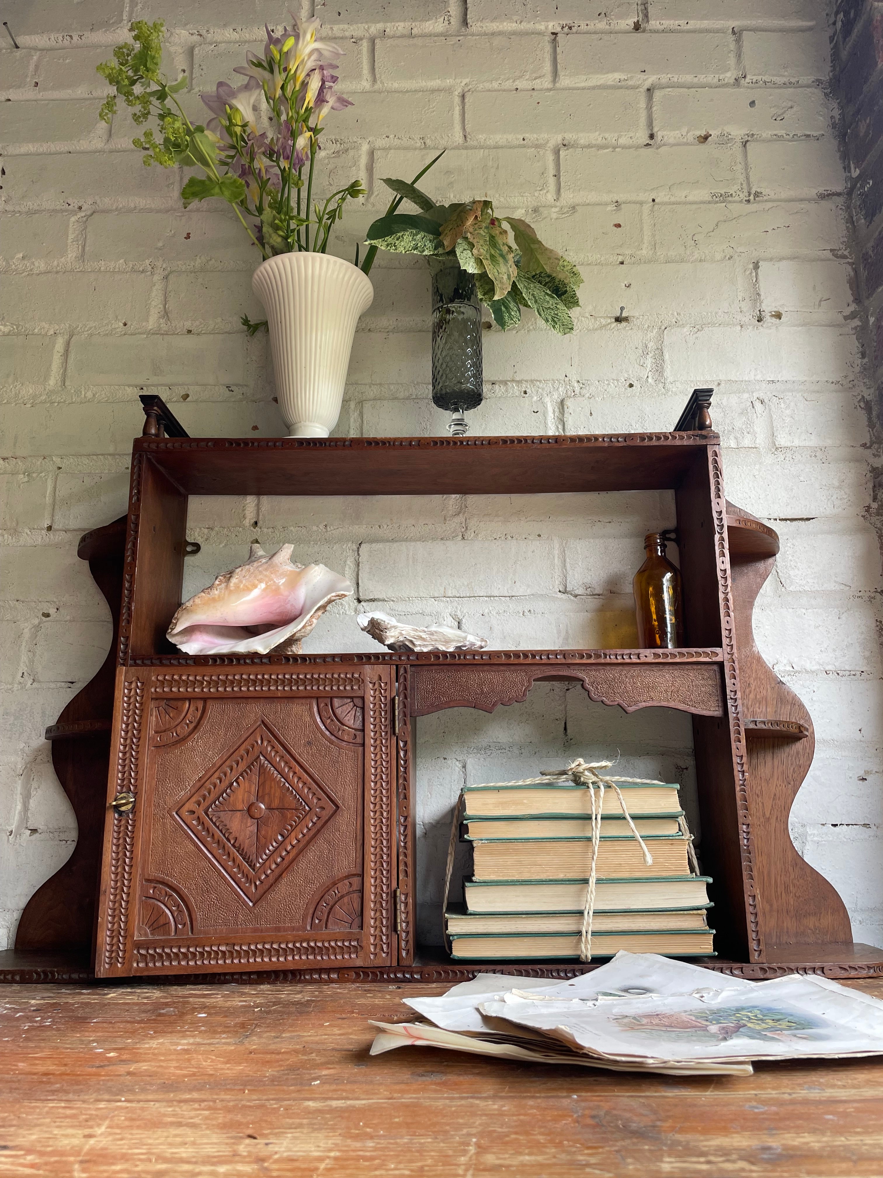 Arts & Crafts Wall Hanging Shelves with Carved Door Circa 1910