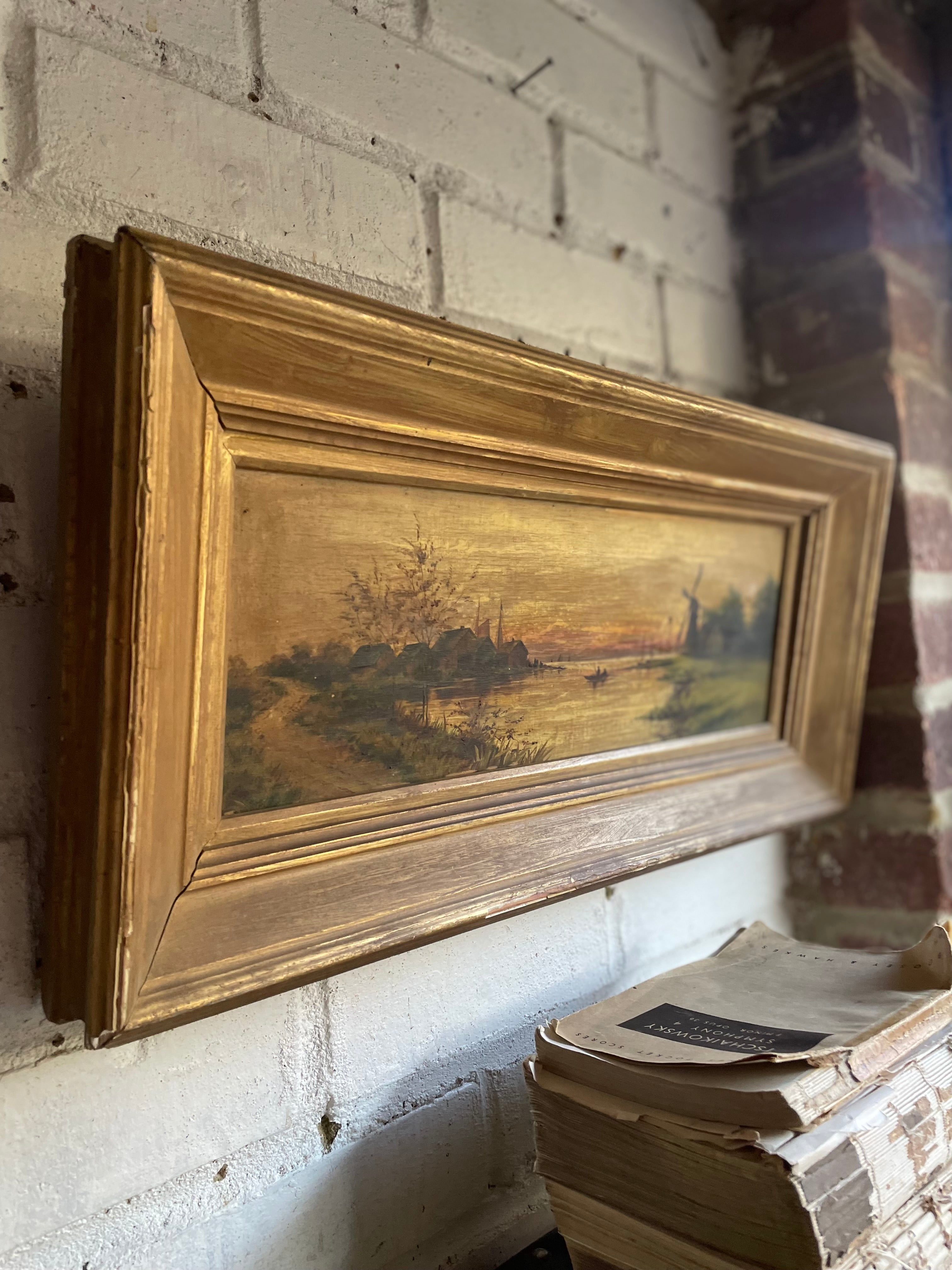 Windmill at Sunset: 19th Century Oil on Canvas