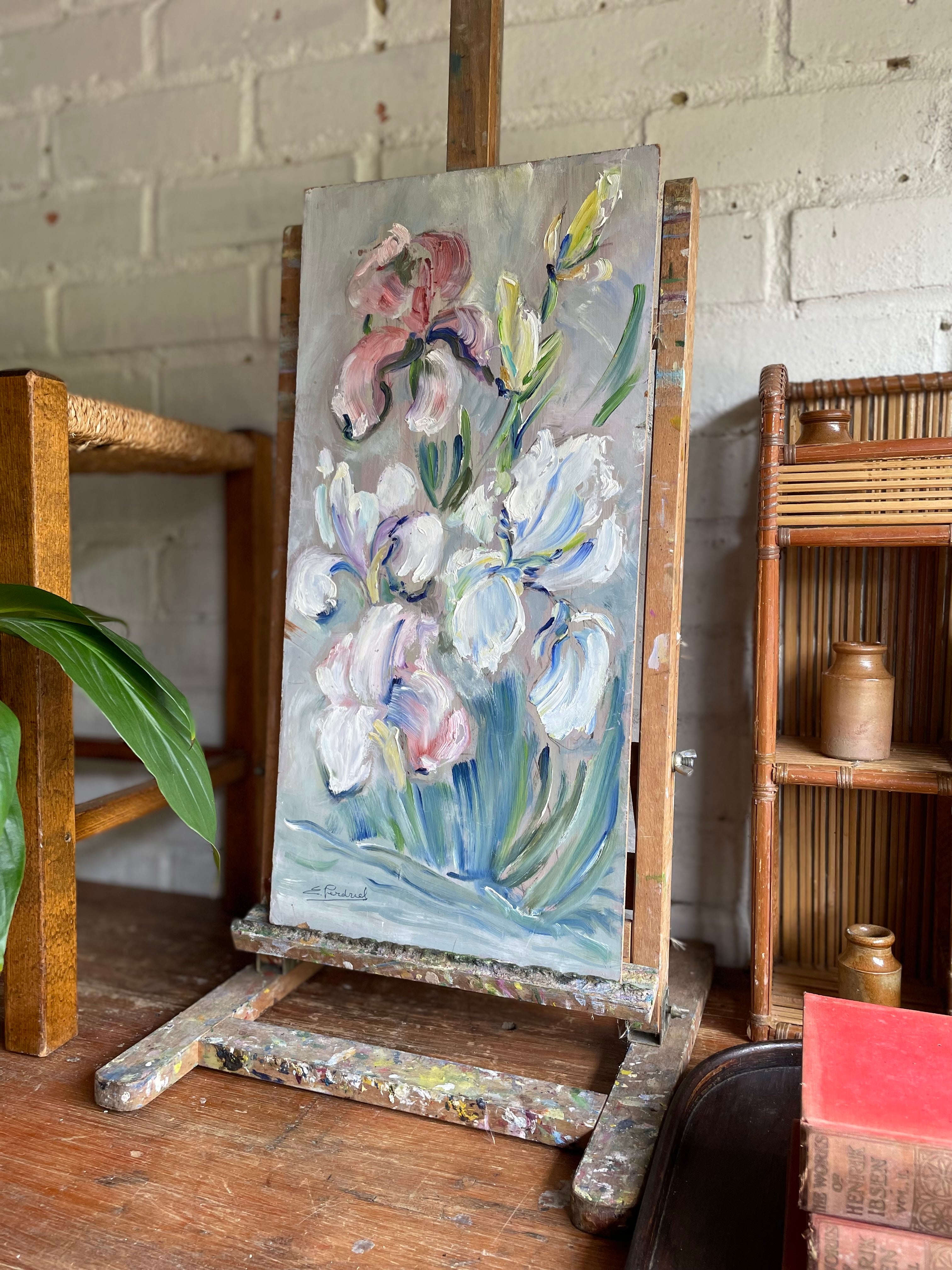 Irises: Vintage Oil on Wood Board