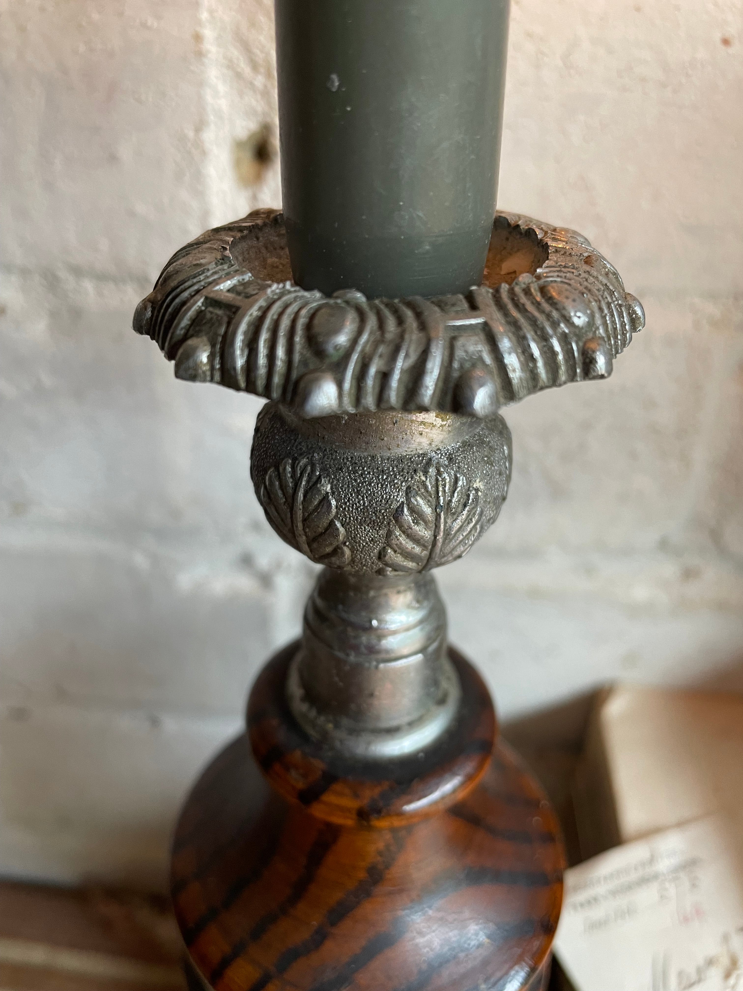 Early 1900s Oak & Silver Plate Wooden Candlesticks. Were £50 now £32.50 at checkout