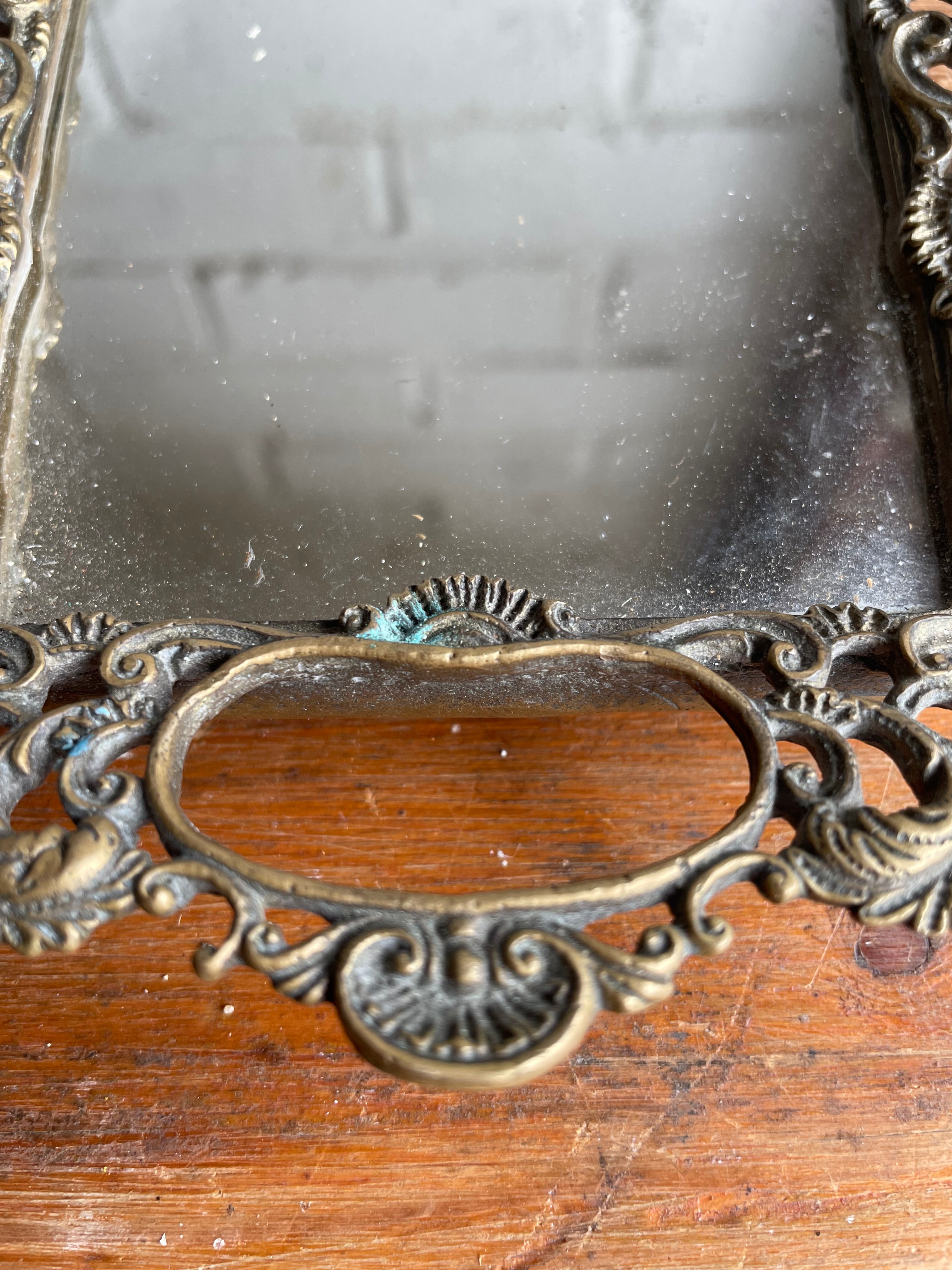 Antique Filigree Brass Mirror Tray