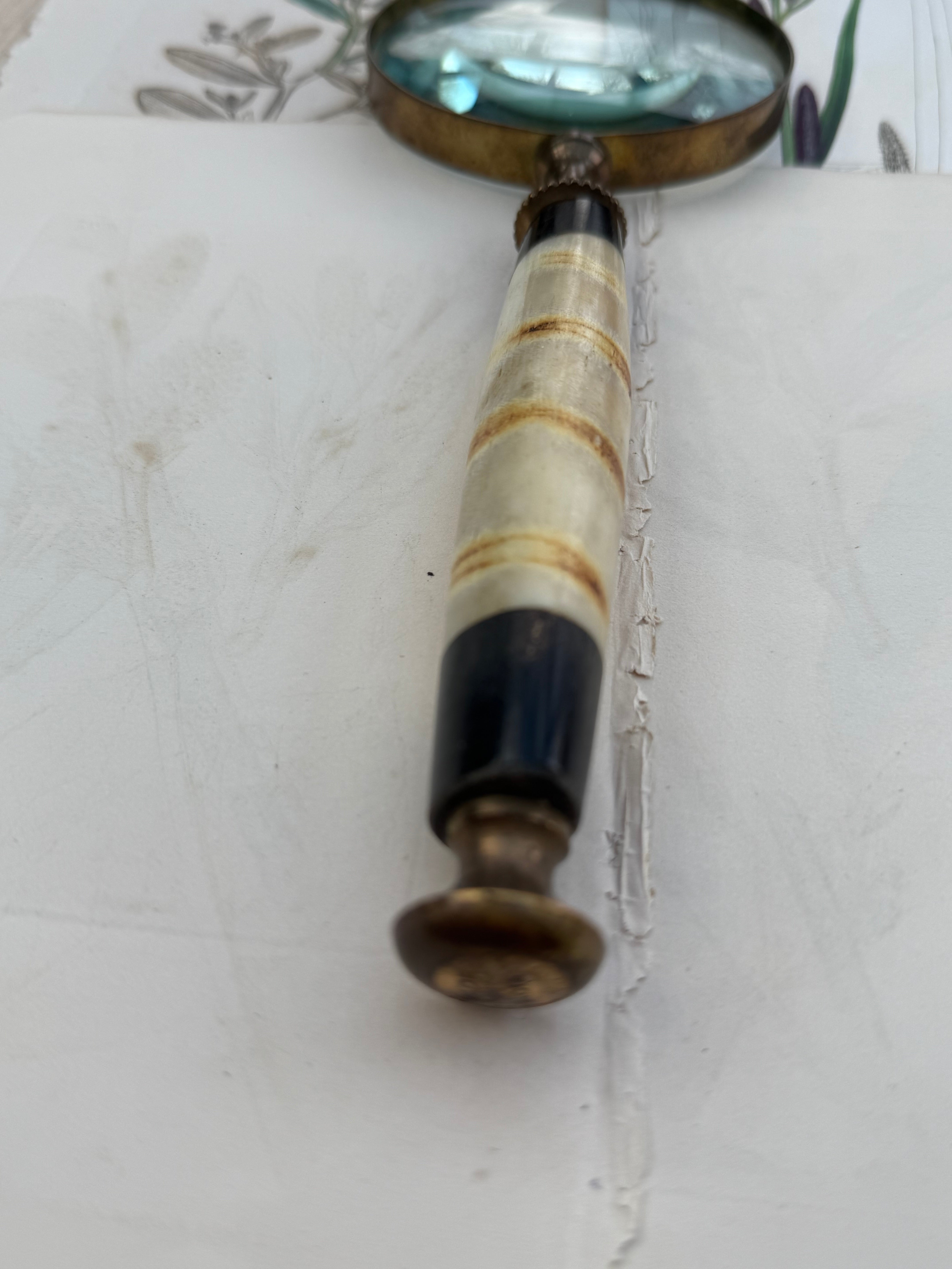 Large Vintage Brass & Alabaster Magnifying Glass: Circa 1940