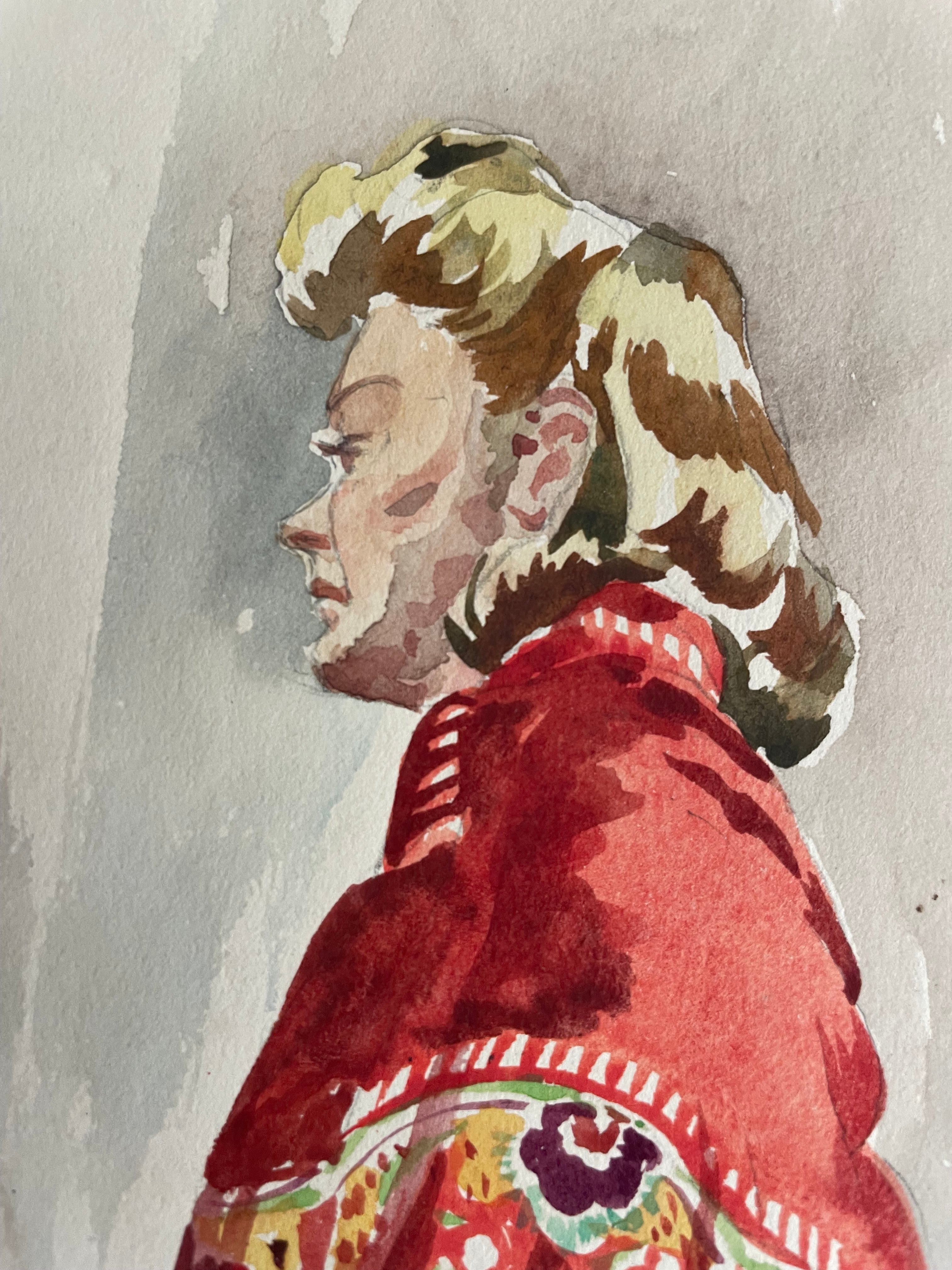 Women with shawl: Watercolour & Ink Painting Circa 1940s