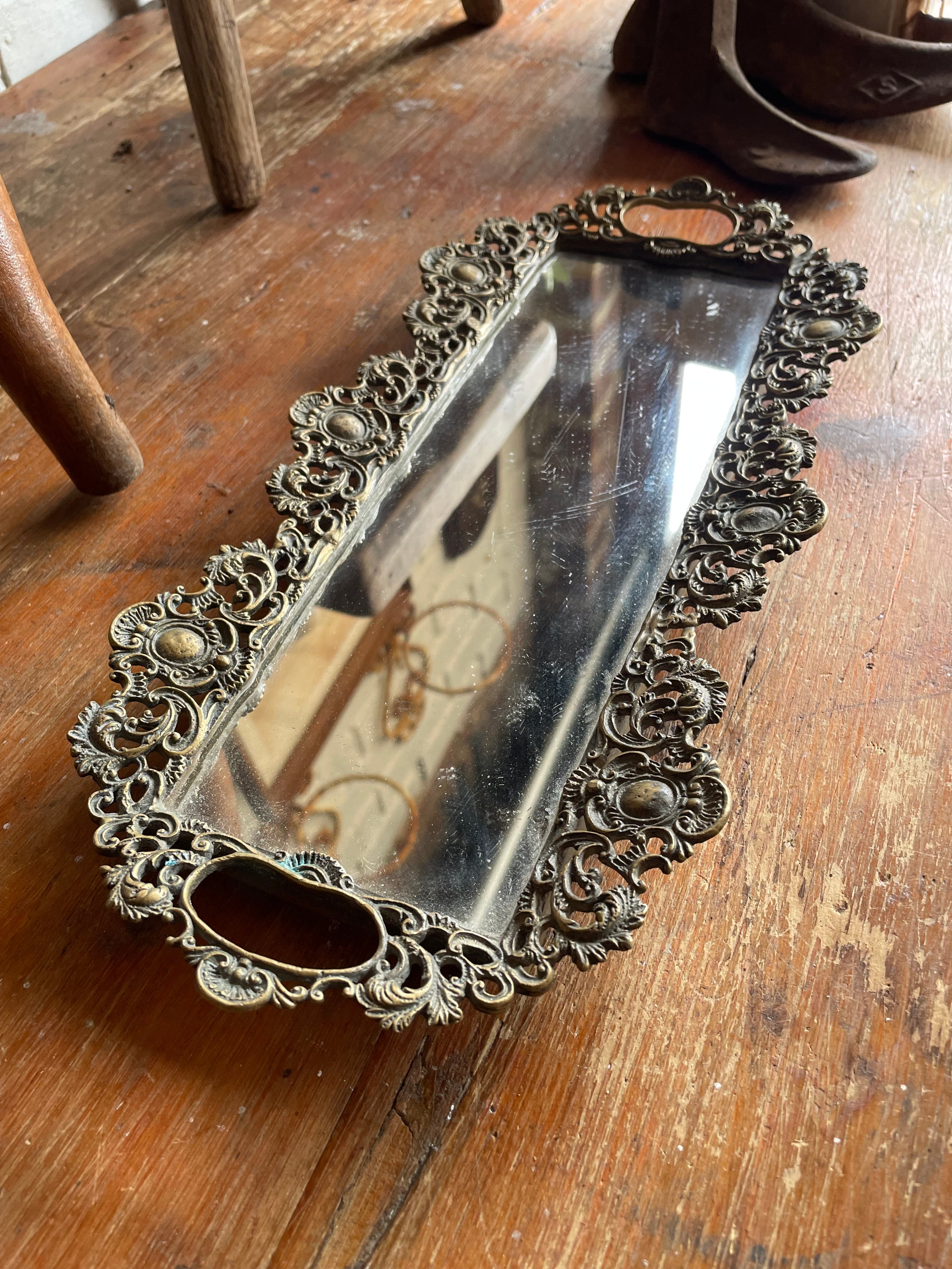 Antique Filigree Brass Mirror Tray