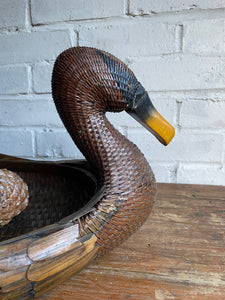 Duck-Shaped Wooden and Rattan Tray