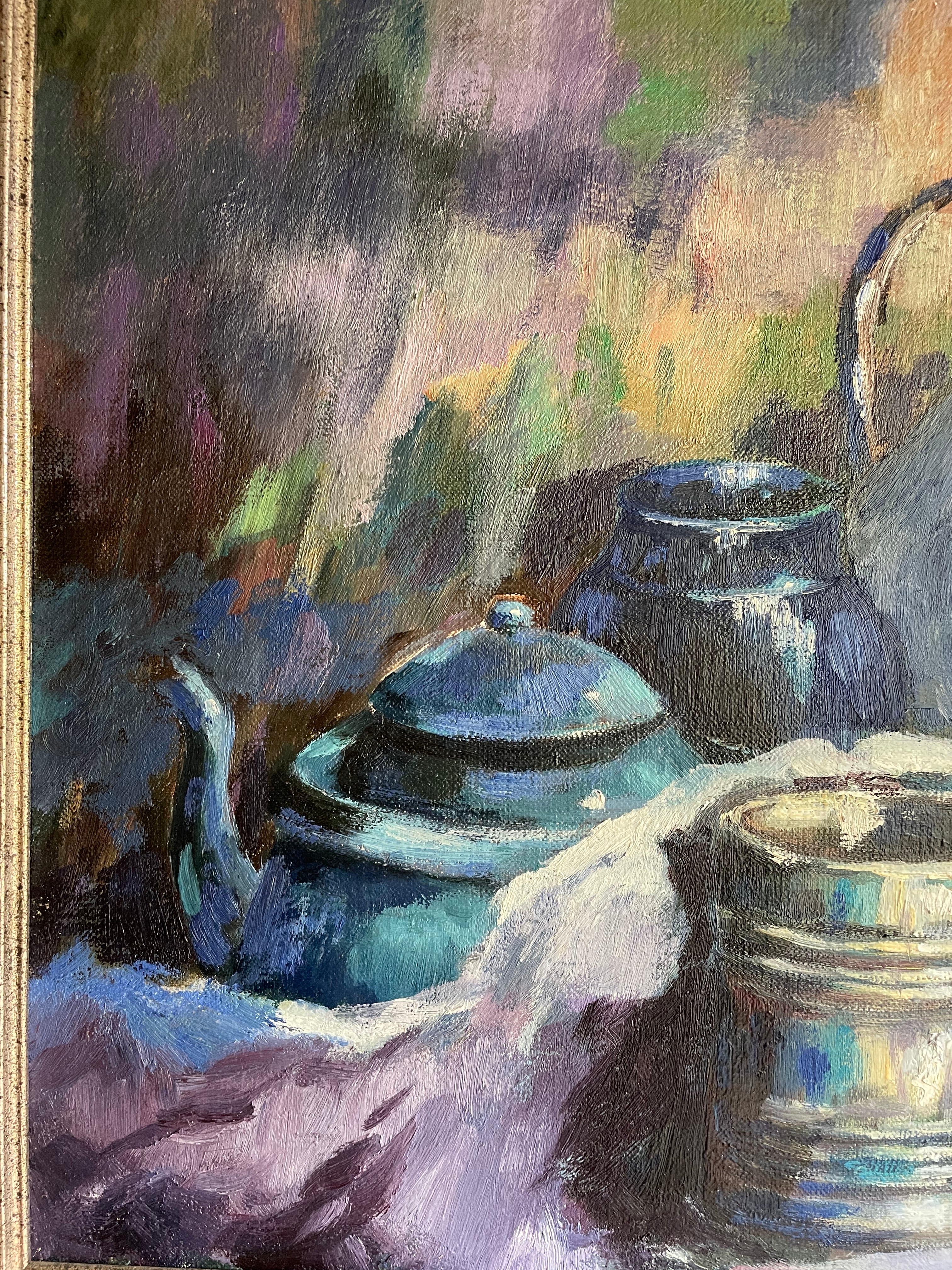 Still Life in Blue: Midcentury Oil on Canvas