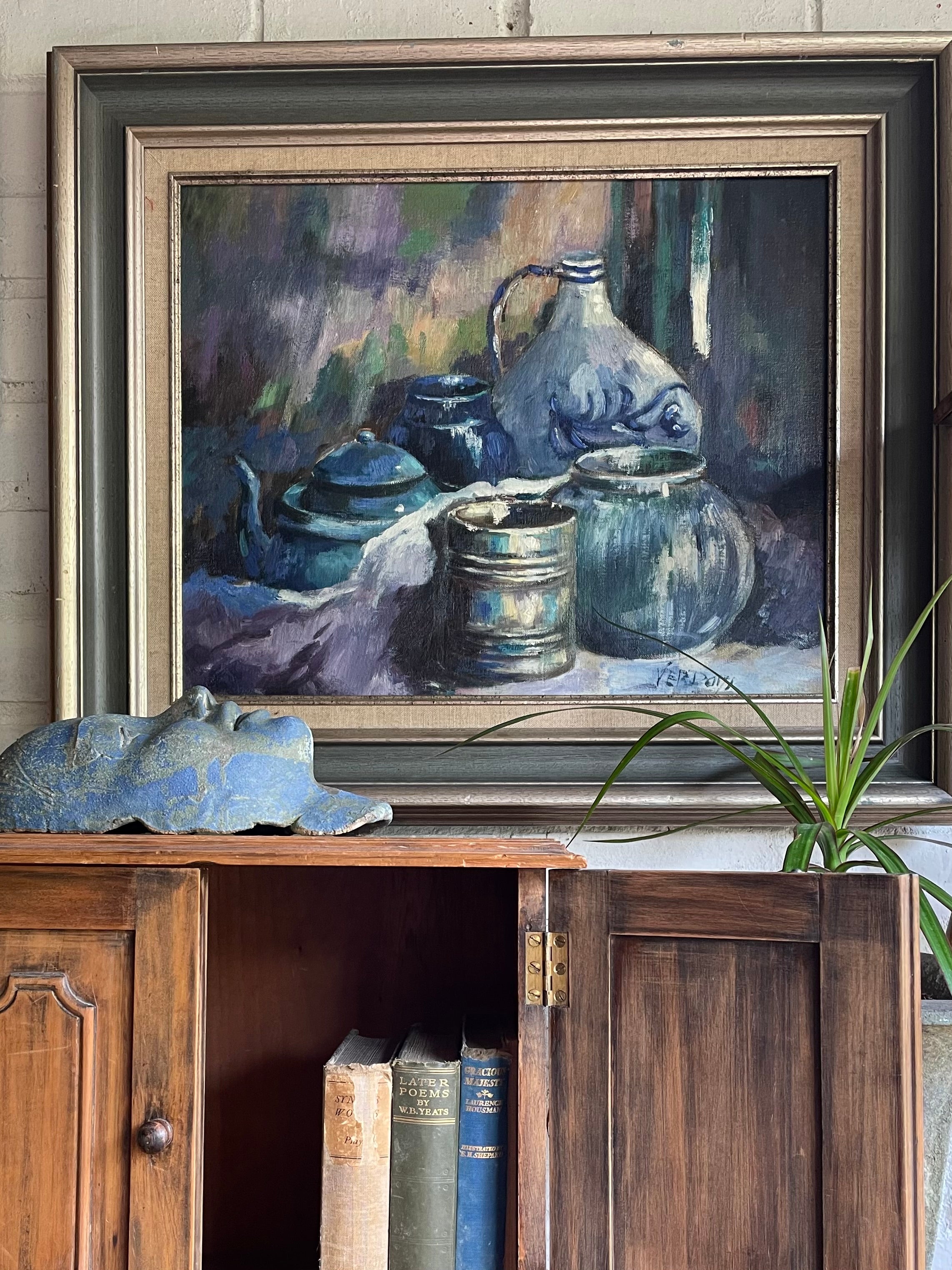 Still Life in Blue: Midcentury Oil on Canvas