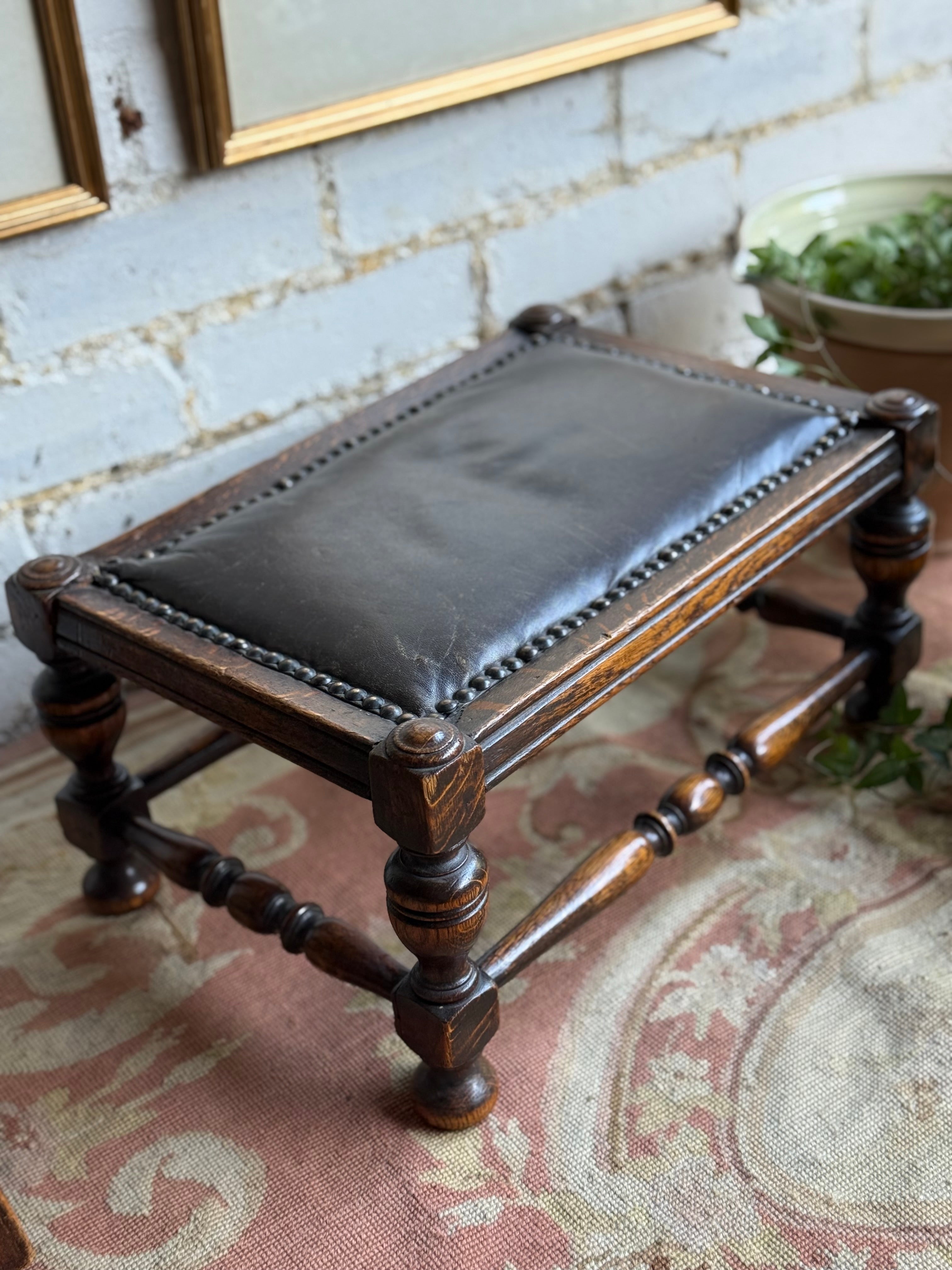 Early 1900s Edwardian Footstool with Studded Leather Seat
