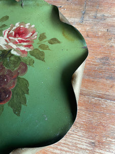 Green Toleware Plate with Handpainted Red and Cream Rose & Grapes