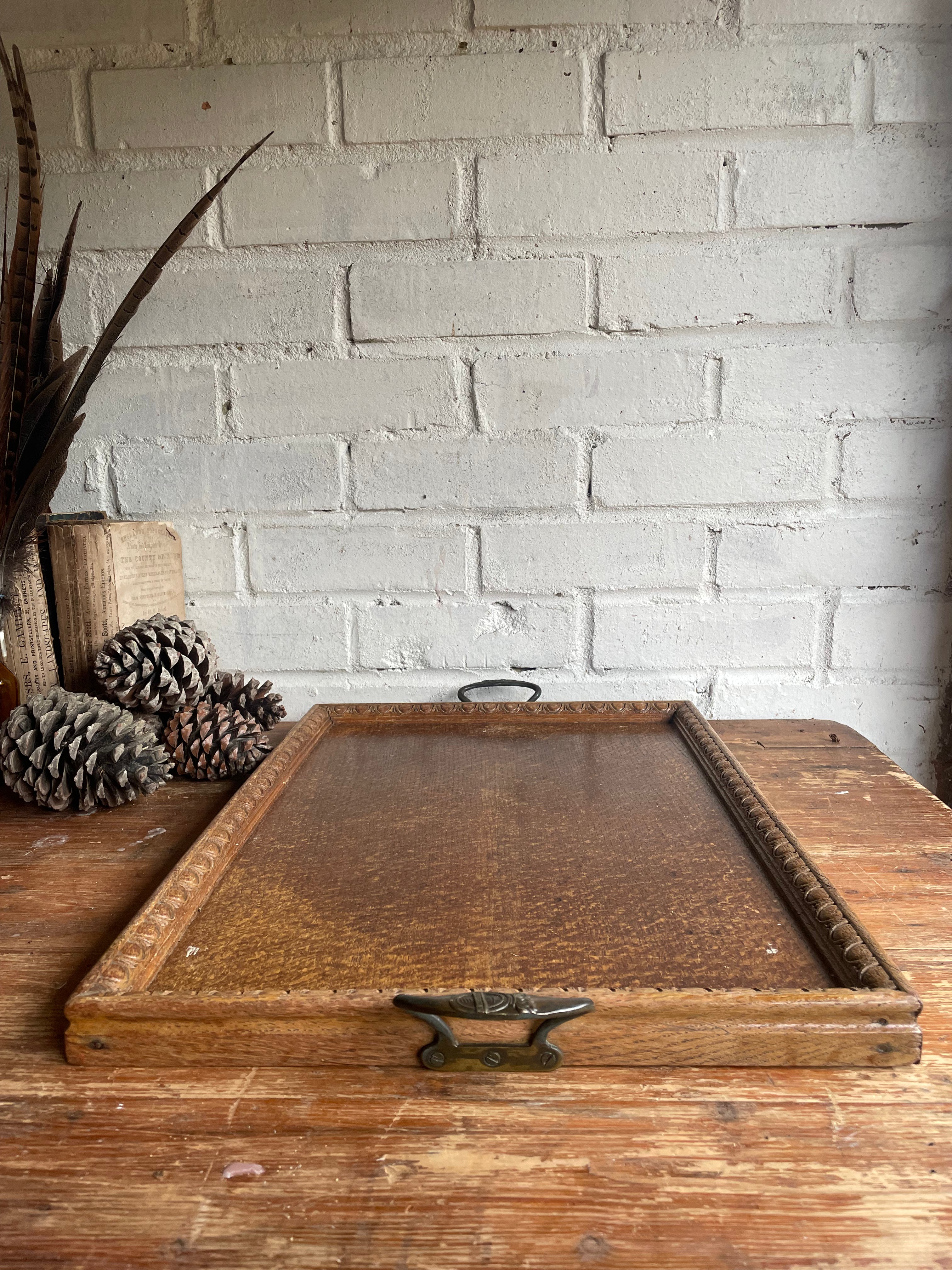Edwardian Wood Tray with Iron Handles & Carved Decorative Detail
