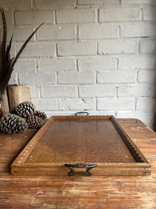 Edwardian Wood Tray with Iron Handles & Carved Decorative Detail