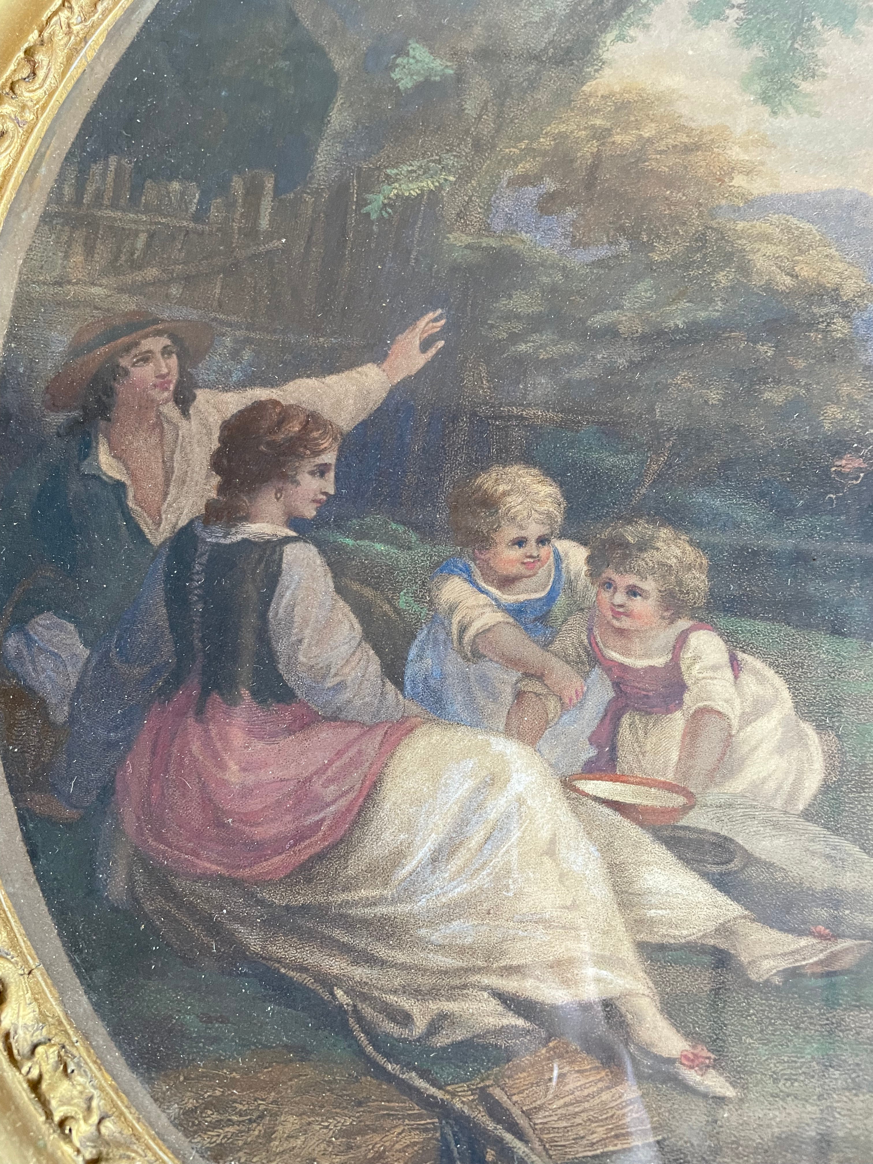 19th Century Framed Lithographic Print with Gilt Frame and Rope Tie:  Pastoral Scene