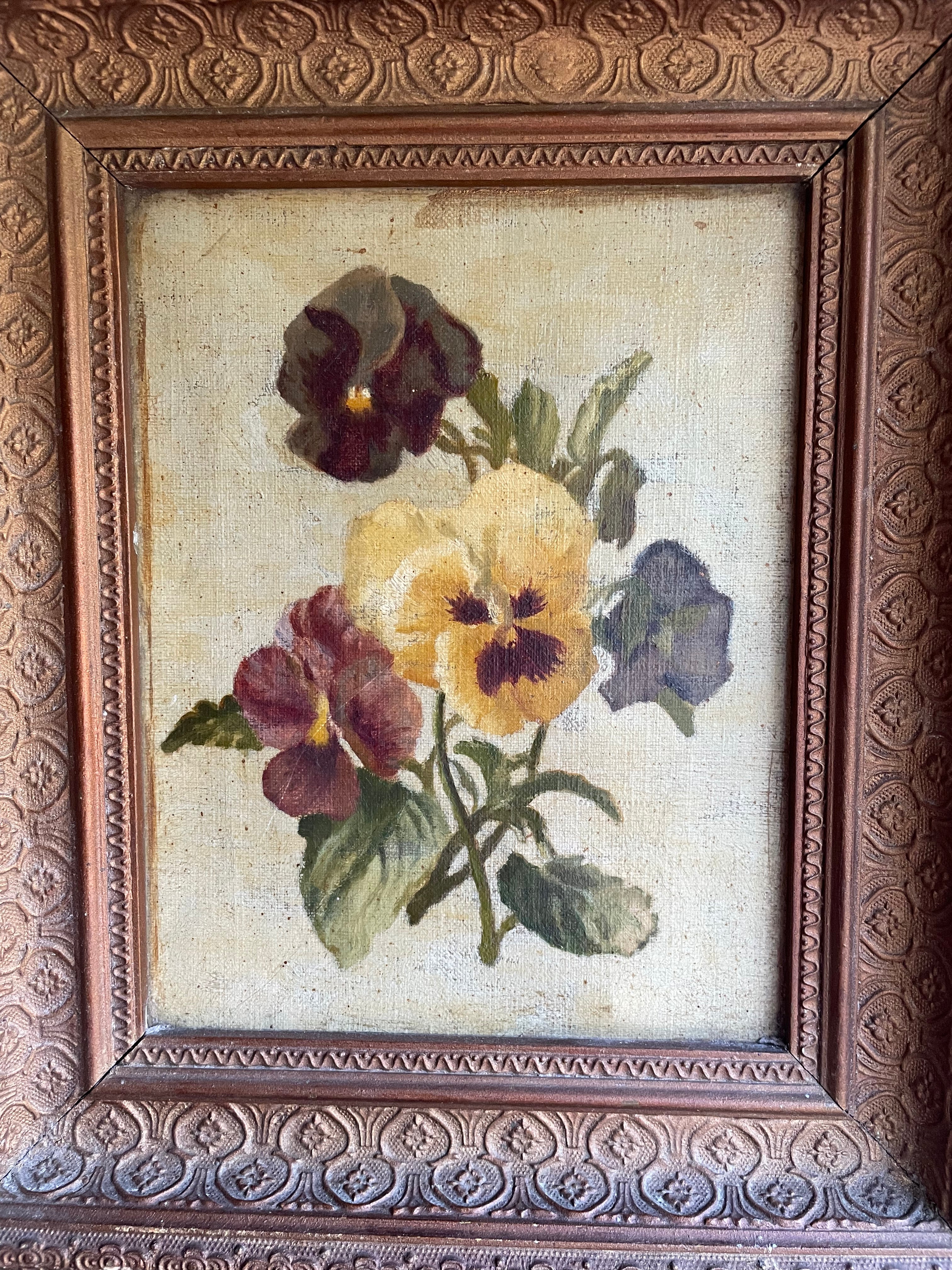 Early 1900s Still Life of Pansies: Antique Oil on Hessian Canvas