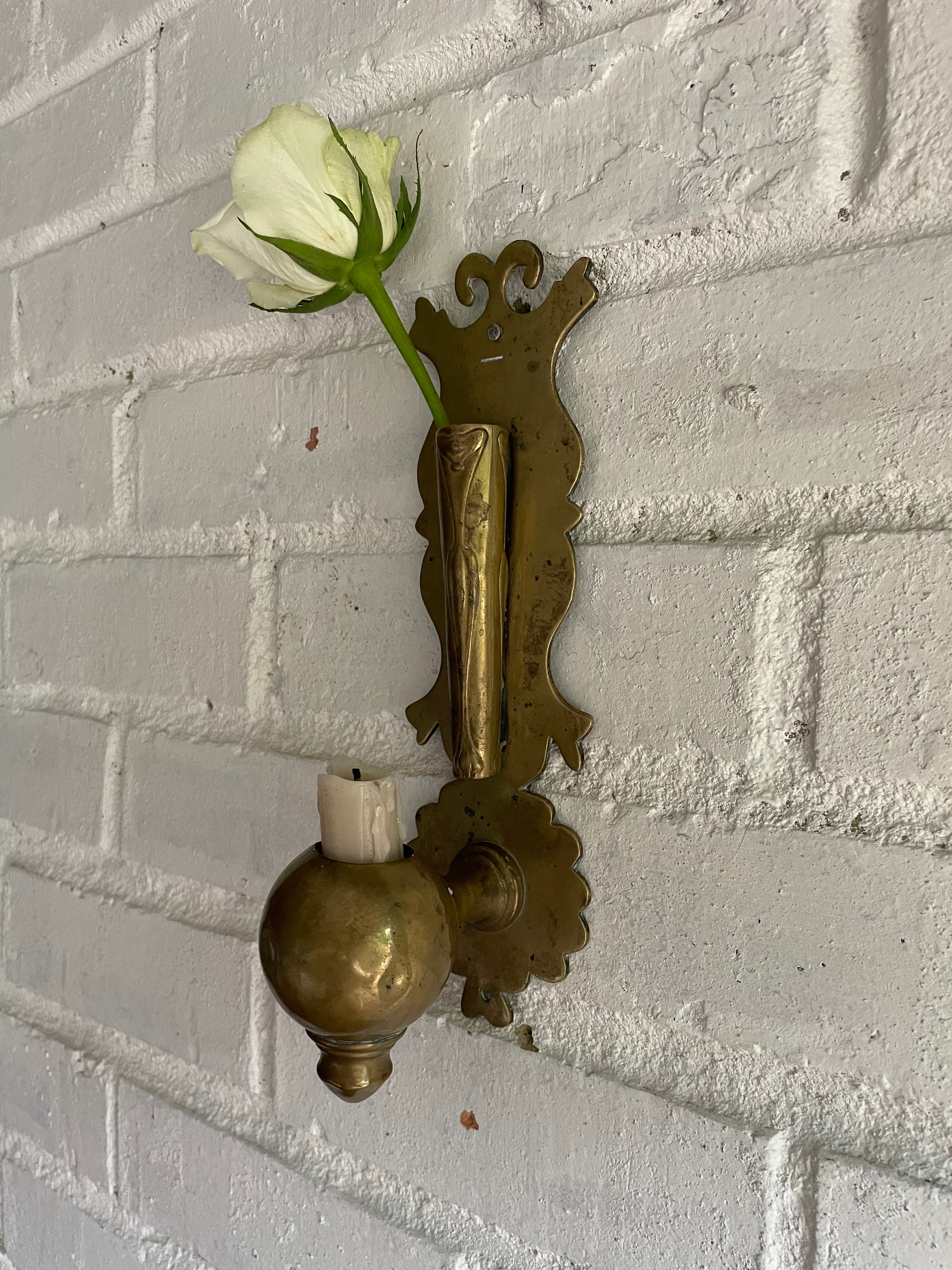19th Century Brass Wall Hung Candleholder with Flower Posy