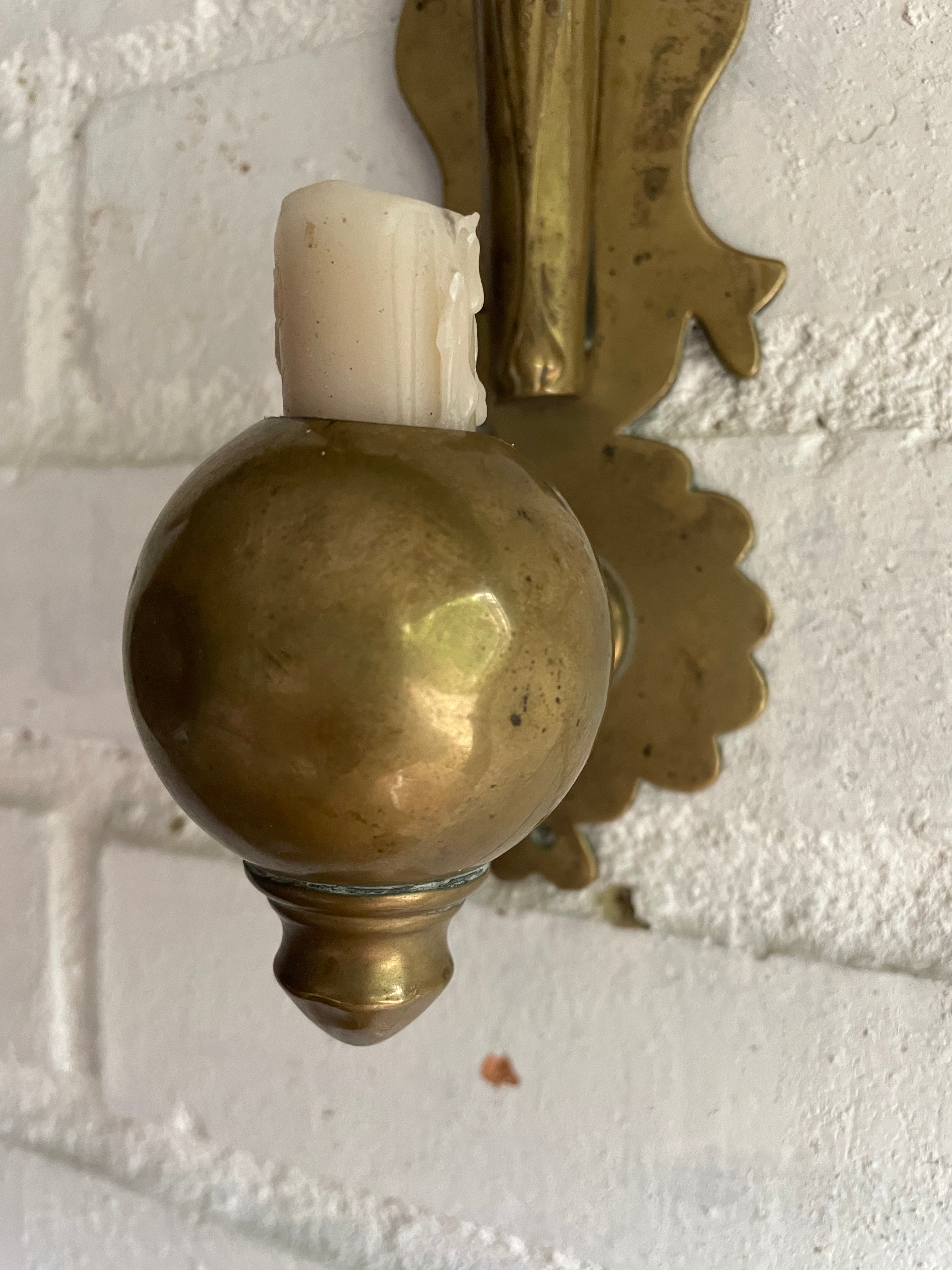 19th Century Brass Wall Hung Candleholder with Flower Posy