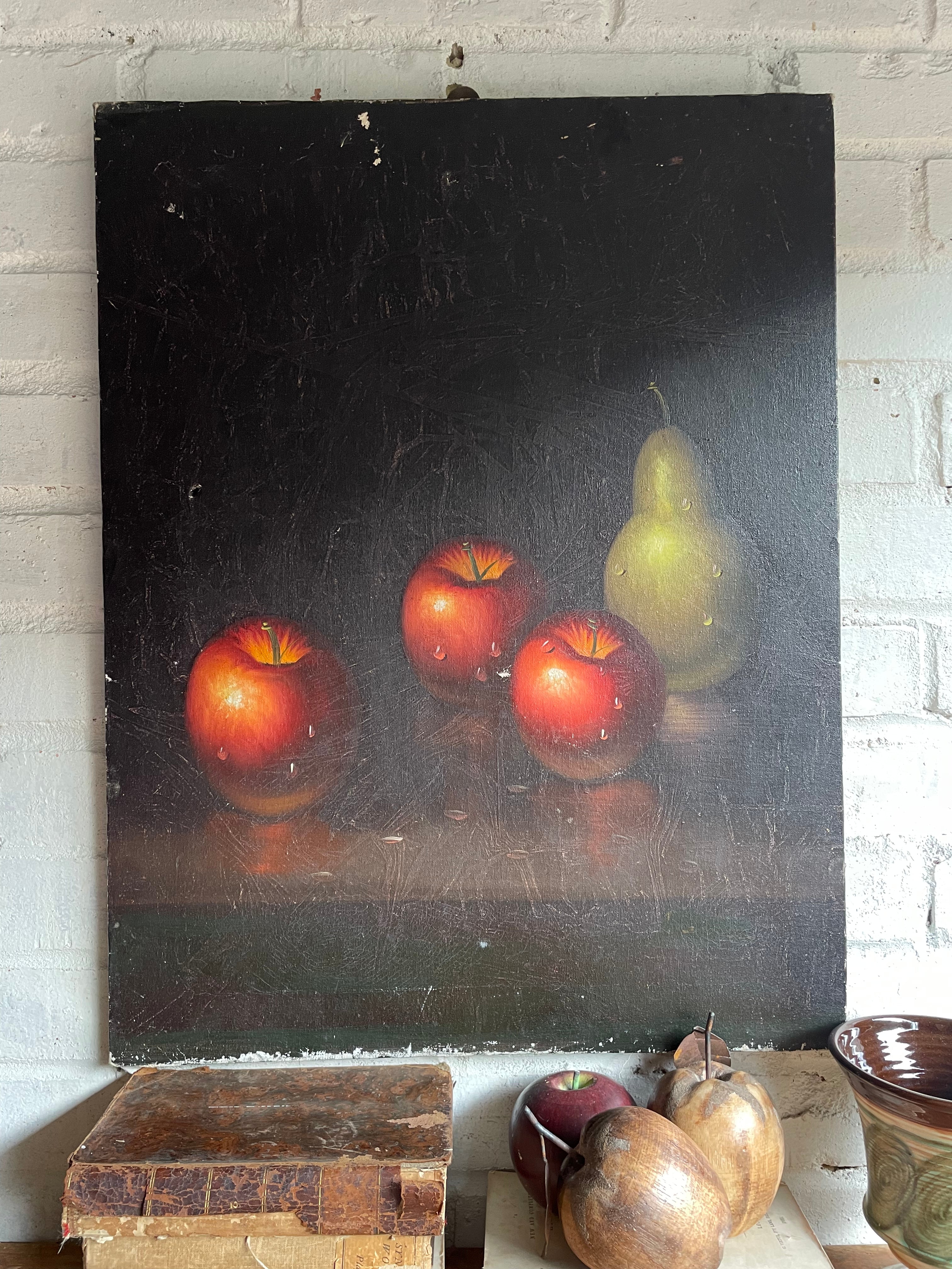 Large Antique Fruit Still Life:  Timeworn Oil on Canvas