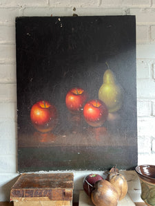 Large Antique Fruit Still Life:  Timeworn Oil on Canvas