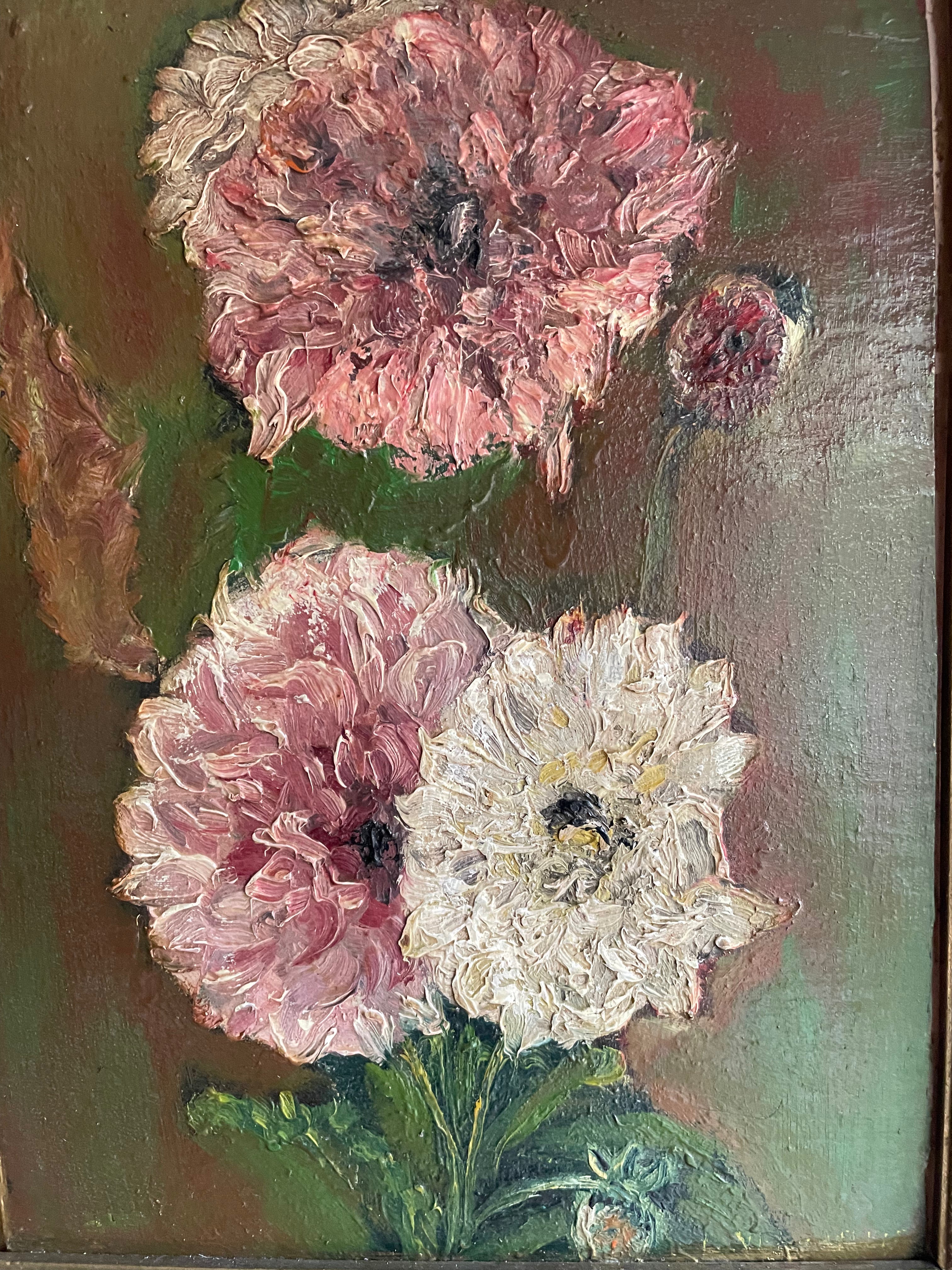Peonies: Antique Oil on Board with Egg & Dart Frame