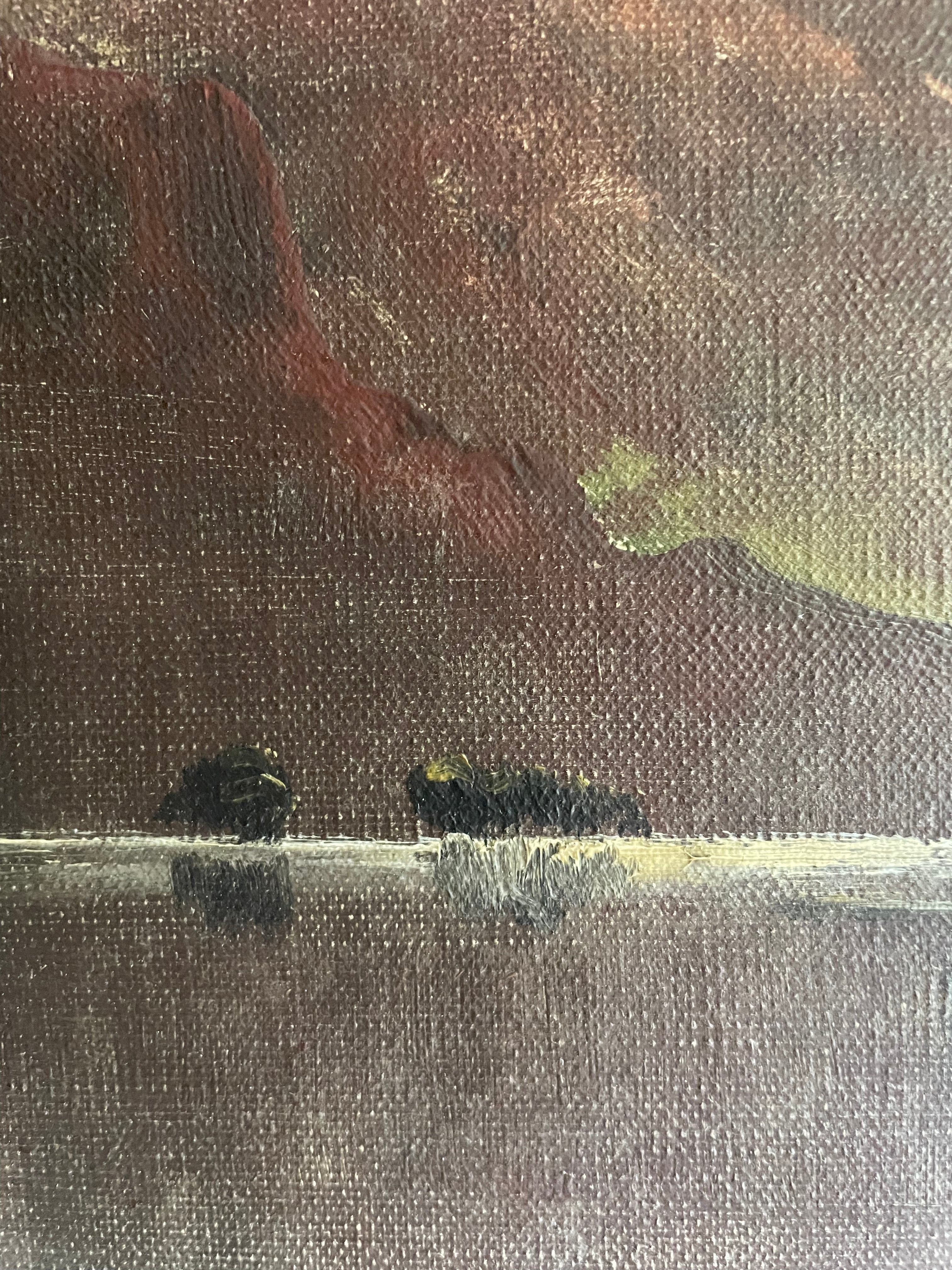 Large Signed 1918 Scottish Landscape Oil on Canvas : “Mountains, Cattle & Lake”