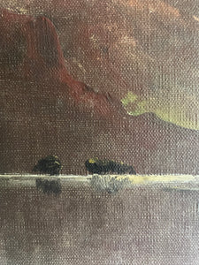 Large Signed 1918 Scottish Landscape Oil on Canvas : “Mountains, Cattle & Lake”
