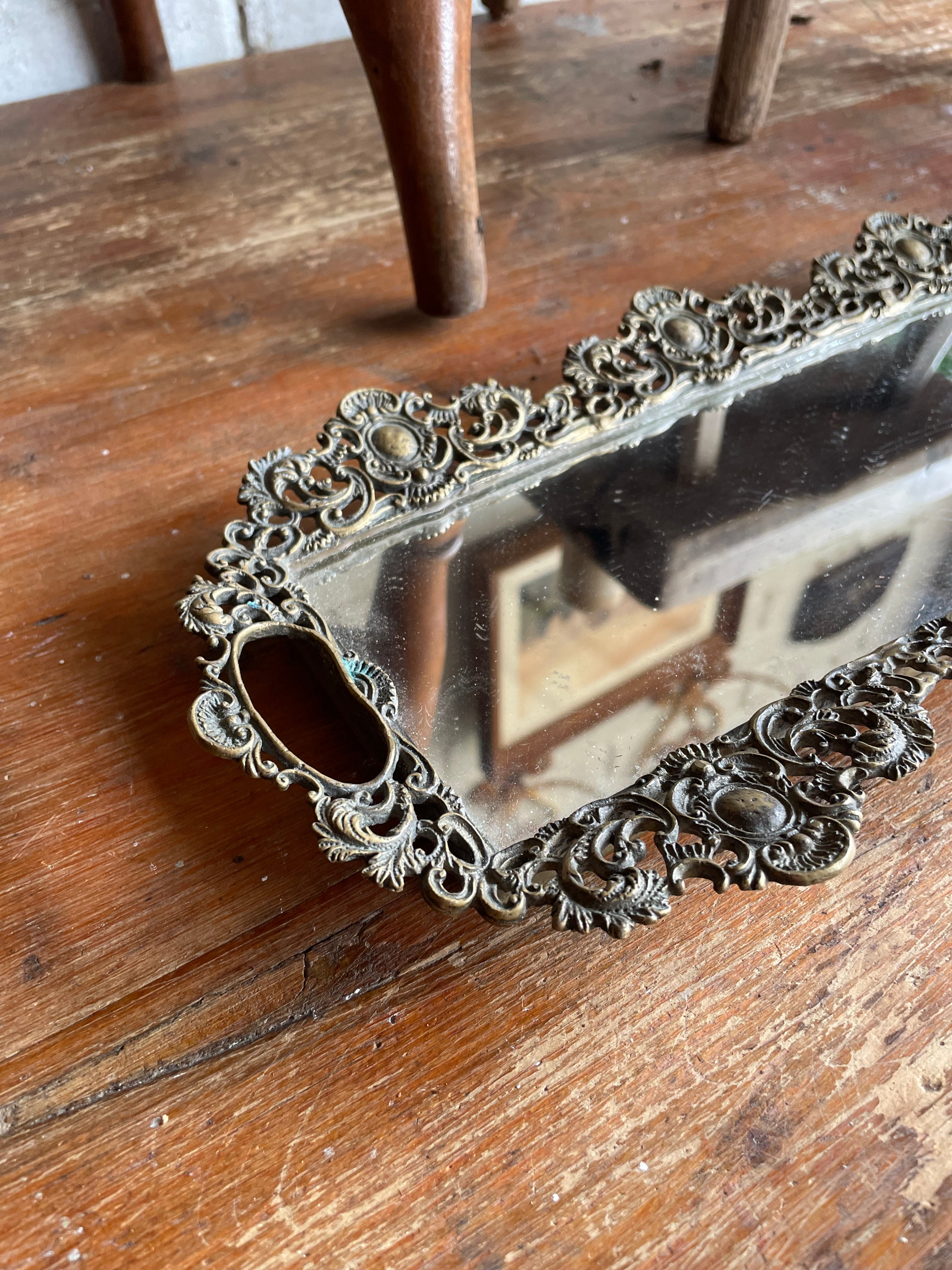 Antique Filigree Brass Mirror Tray