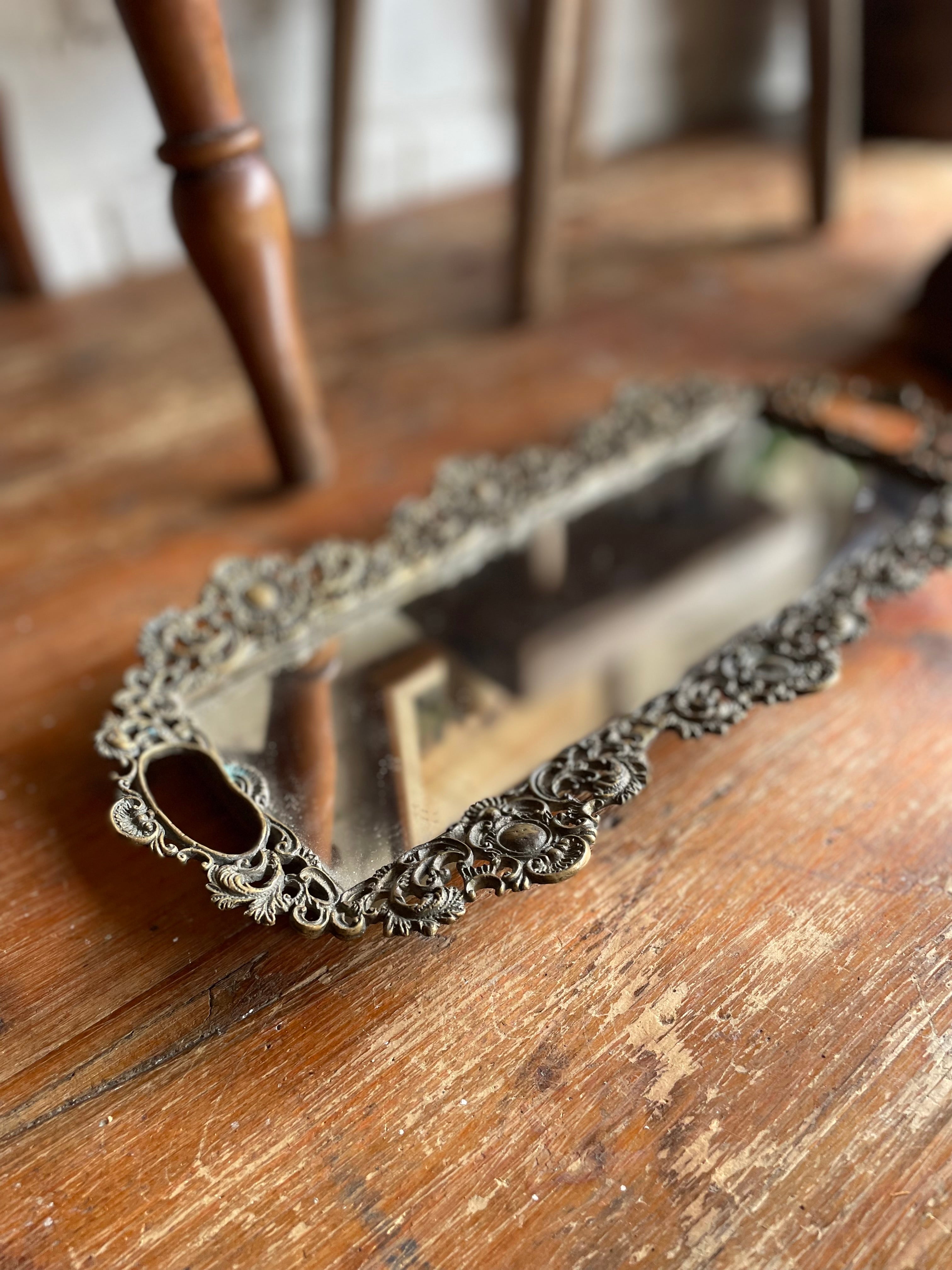 Antique Filigree Brass Mirror Tray