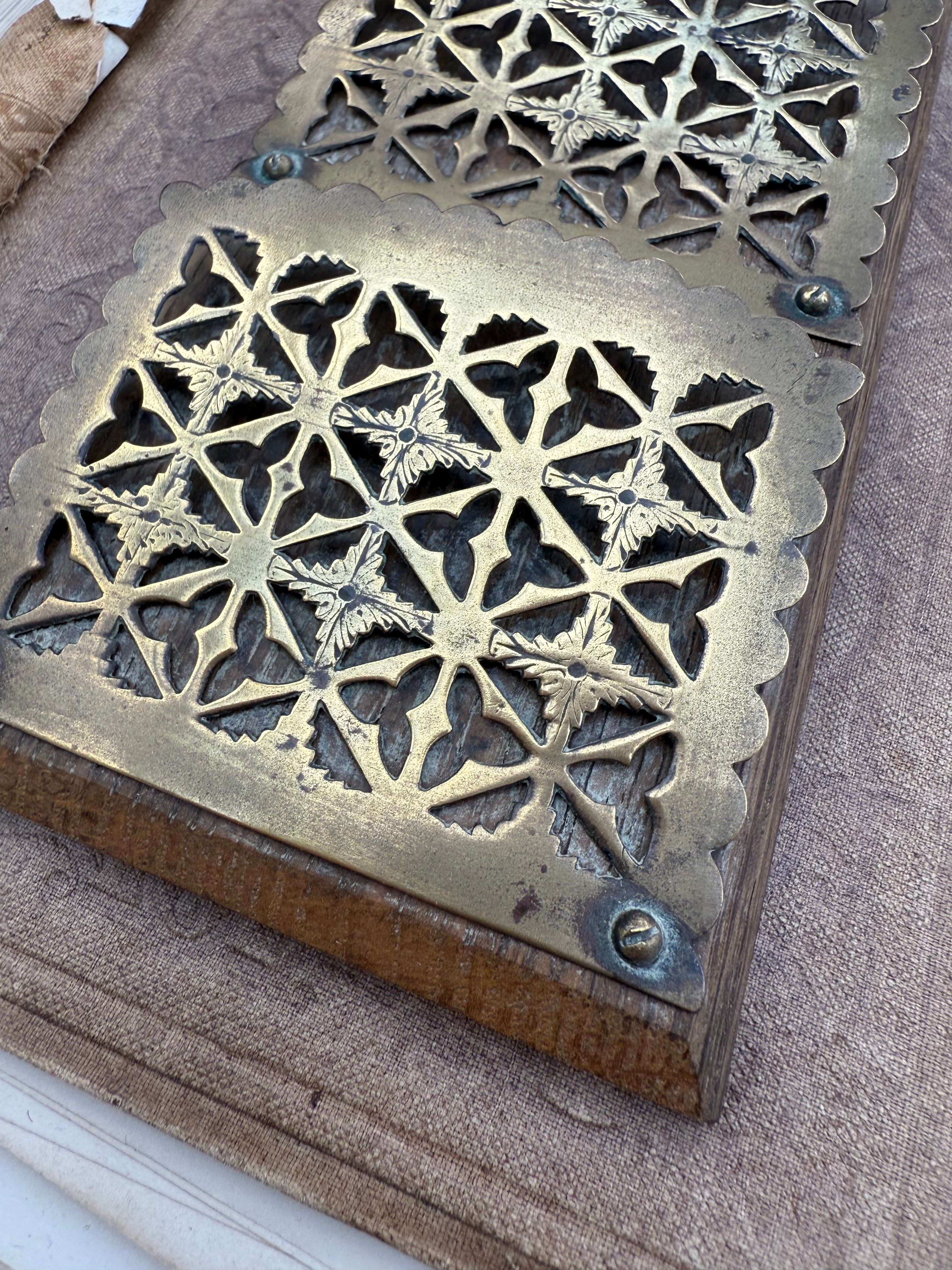 Antique Oak and Brass Wall Hanging Letter Rack