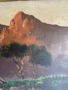 Large Signed 1918 Scottish Landscape Oil on Canvas : “Mountains, Cattle & Lake”