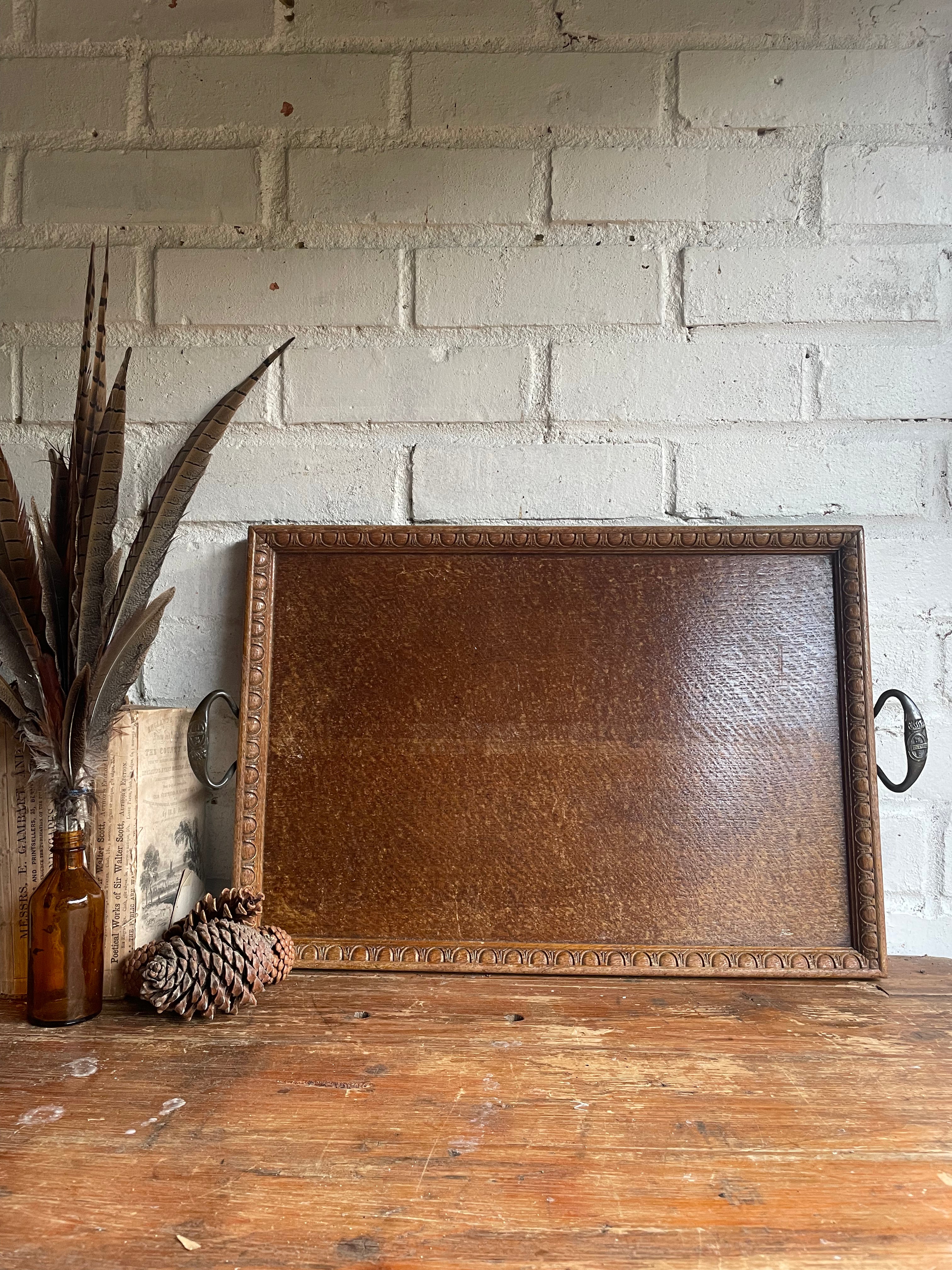 Edwardian Wood Tray with Iron Handles & Carved Decorative Detail